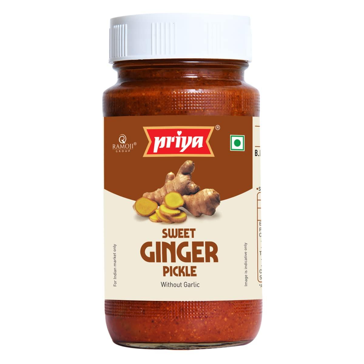 Priya Priya Sweet Ginger Pickle without Garlic, 300g - Authentic Telugu Style Achar |Traditional South Indian Taste| Homemade Andhra Pickles|Khatta Meetha| With Tamarind Paste & Mixed Spices| Glass Jar