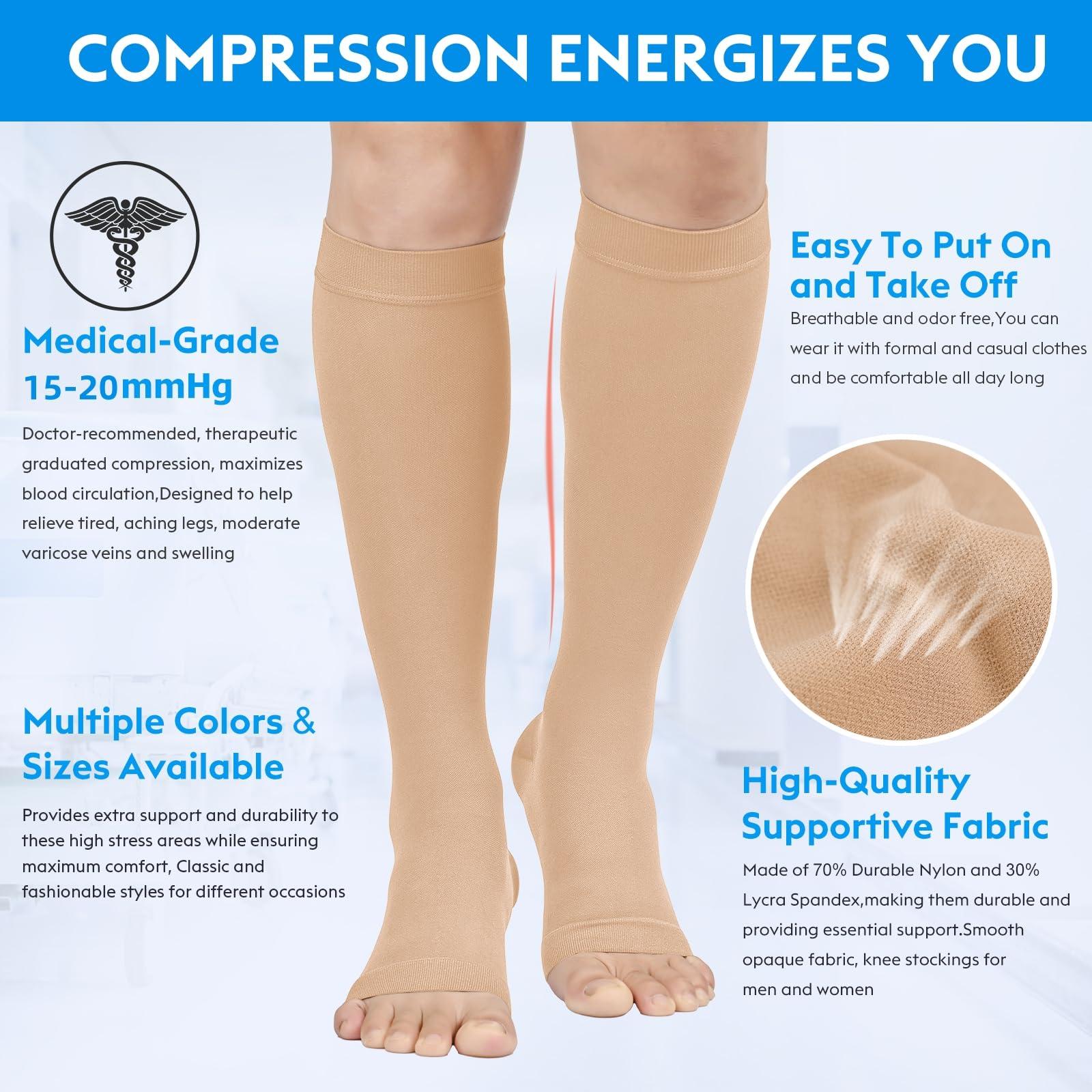 MGANG Compression Socks, Open Toe, 15-20 mmHg Graduated Compression Stockings for Men Women, Knee High Compression Sleeves for DVT, Maternity, Pregnancy, Varicose Veins, Relief Shin Splints, Beige XXL