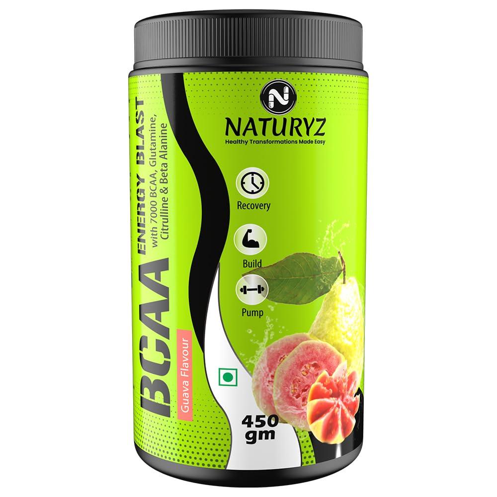 Naturyz NATURYZ BCAA Energy Blast Pre Intra Post Workout Supplement With 7000 BCAA | Glutamine | Citrulline | Beta-Alanine for Muscle Recovery | Power & Energy-450 Grams(Guava Flavor)