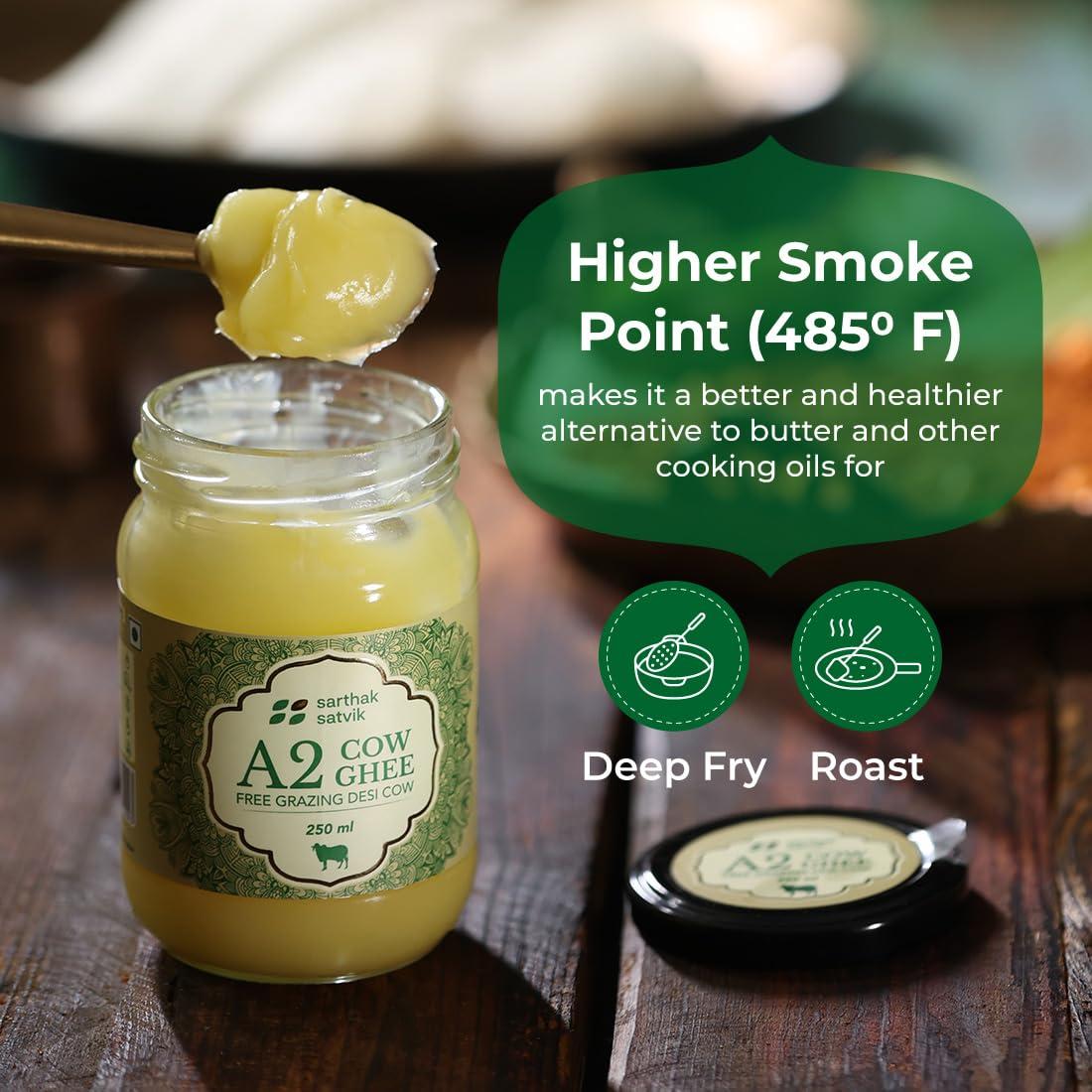 Sarthak Satvik Sarthak Satvik A2 Cow Ghee Desi Organic Butter Pure Nutrient Rich Ghee Made With Traditional Binola Method,Unsalted And Original Ghee,Natural Flavour,Lactose-Free And Keto-Friendly,250 Ml (Pack Of 1)