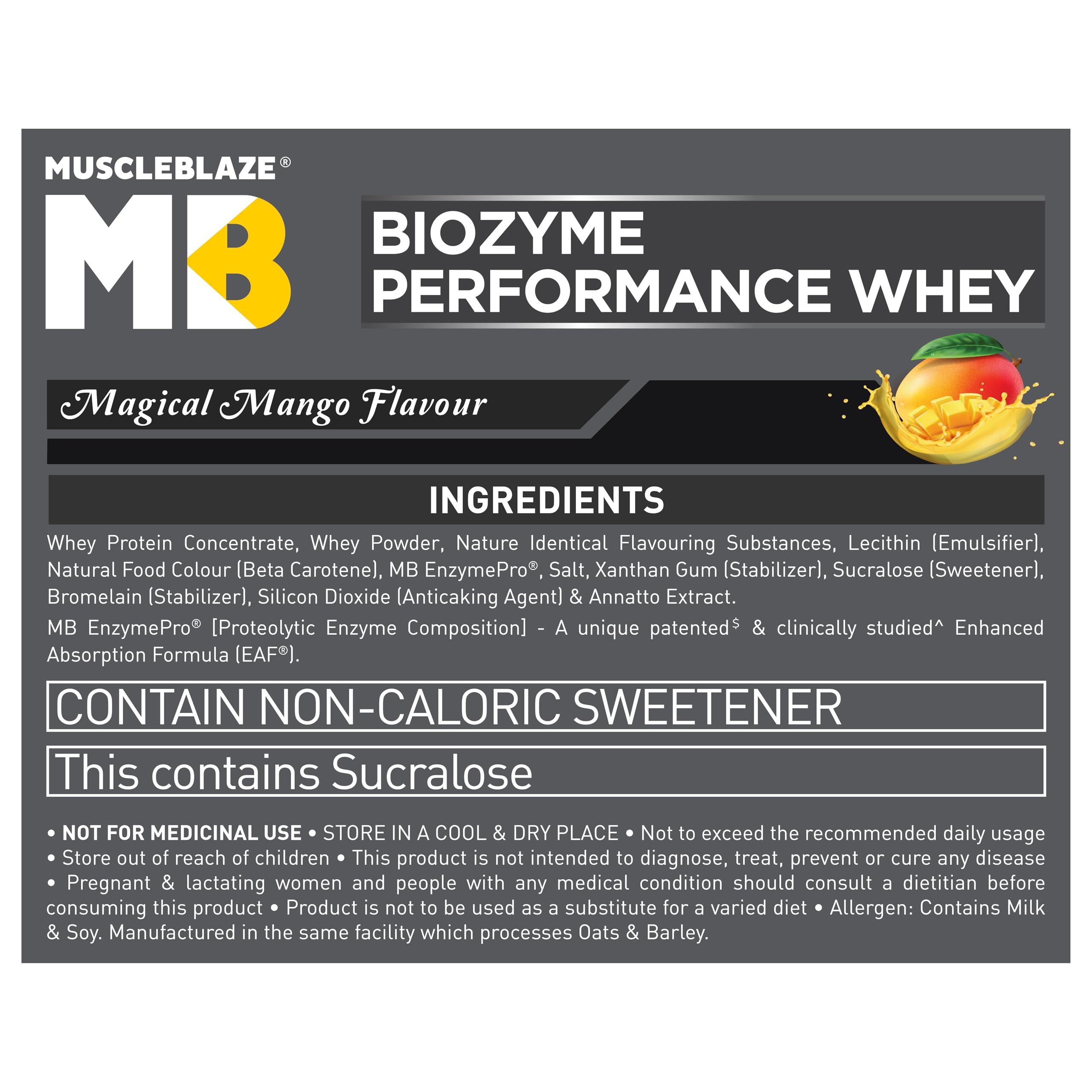MuscleBlaze MuscleBlaze Biozyme Performance Whey Protein | Clinically Tested 50% Higher Protein Absorption | Informed Choice UK, Labdoor USA Certified & US Patent Filed EAF (Magical Mango, 1 kg Refill Pack)