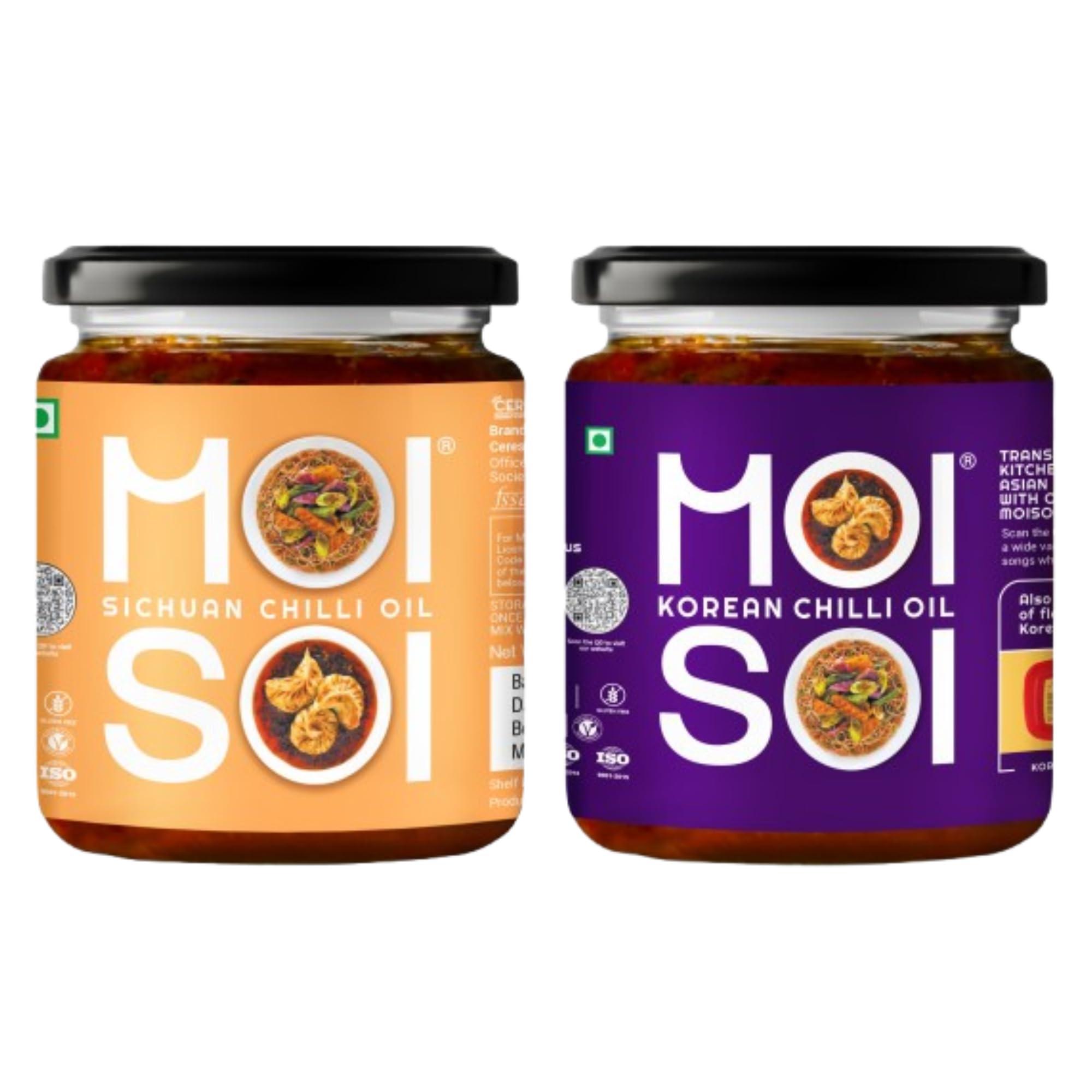 MOI SOI MOI SOI Chilli Oil Value Pack - Sichuan Chilli Oil & Korean Chilli Oil - Cook | Spread | Dip | Dipping Sauce | Made in Small Batches | No Added MSG | No Artificial Colours