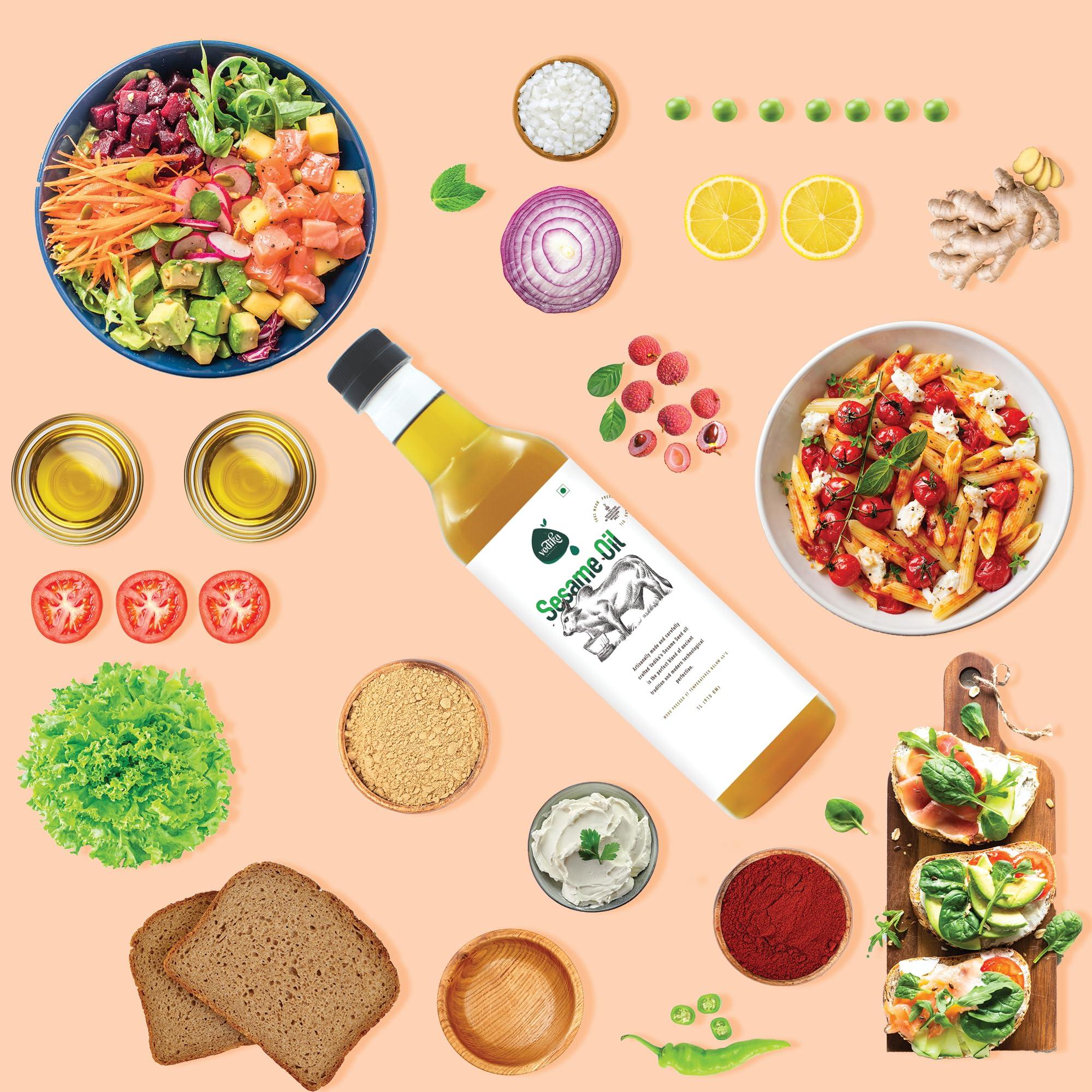 Vedika Organics Vedika Organics Wood Pressed Black Sesame Oil for Cholesterol Free Cooking, Massage, Oral Detox - 100% Natural Seasame Oil, Kacchi Ghani Til Oil - A1 Grade Extra-Virgin Sesame Oil, 1 liter (Pack of 2)