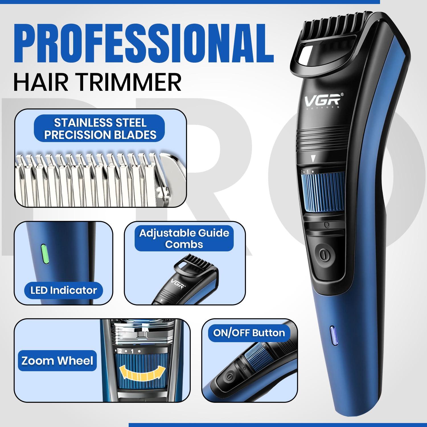 VGR VGR V-052 Professional Hair Trimmer for men  Adjustable Length Settings (0.5-10mm), USB Rechargeable, Cord/Cordless Operation, Washable Head, Includes Guide Comb & Cleaning Accessories (Blue)