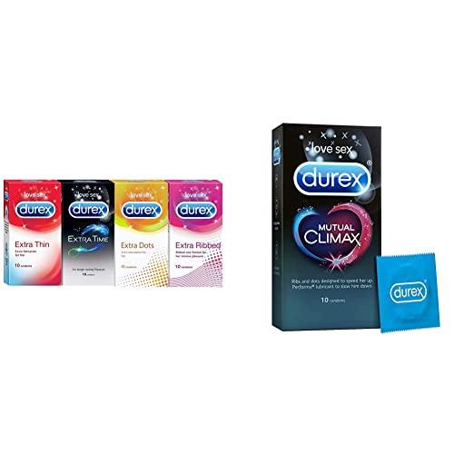 Durex Durex Pleasure Packs - 10 Count (Pack of 4, Extra Thin, Extra Time, Extra Dots, Extra Ribbed) & Durex Mutual Climax Condoms - 10 Count