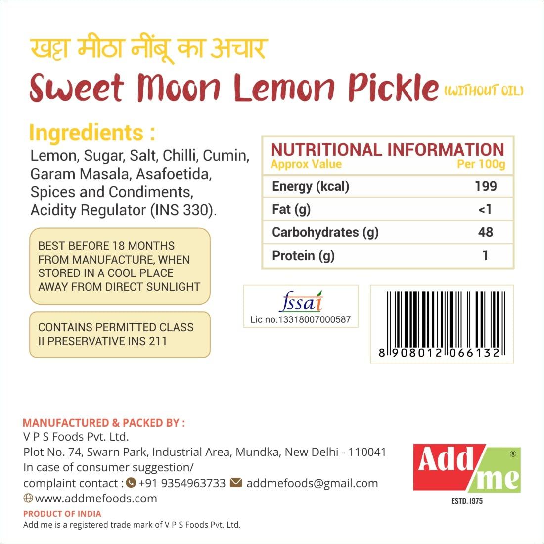 Add me Add me khatta meetha Lemon Lime Pickle Without Oil 1.2kg nimbu ka achar Sweet and Sour Homemade Taste 600gm (Pack of 2)