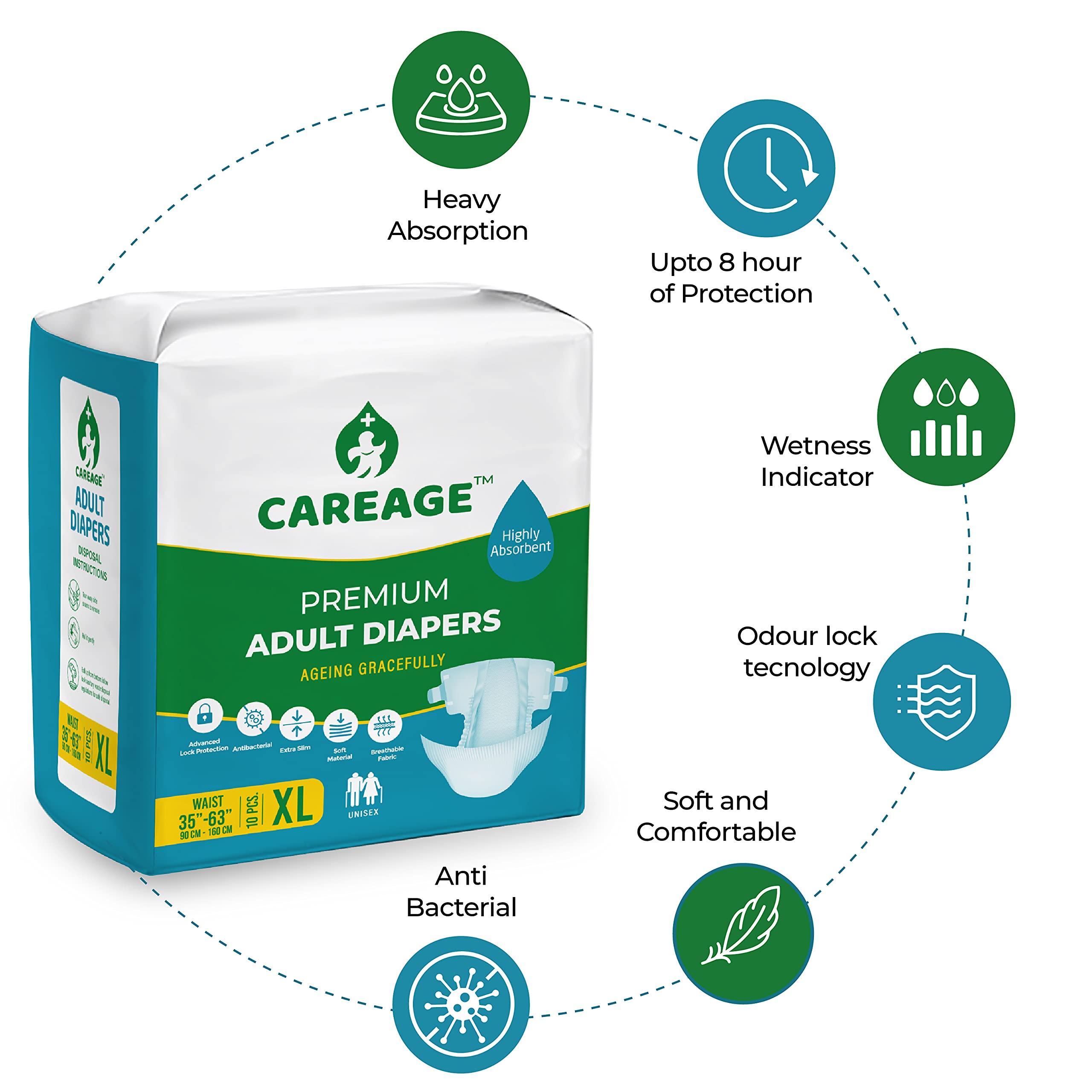 CAREAGE CAREAGE Premium Adult Diaper XL Size, Waist Size (35\"-63\"), Tape Style, Unisex, High Absorbency, Leak Proof, Wetness Indicator, Pack of 1