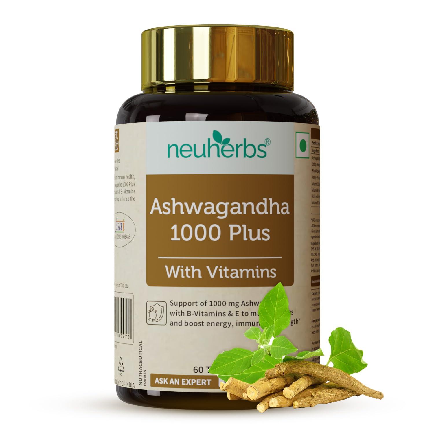 Neuherbs Neuherbs Ashwagandha 1000 Plus [Manage Anxiety & Stress Relief] Enhanced Absorption & Antioxidants Rich with vitamin E & B-complex for General wellness, Immunity Booster & Improve Vigour - 60 Tabs