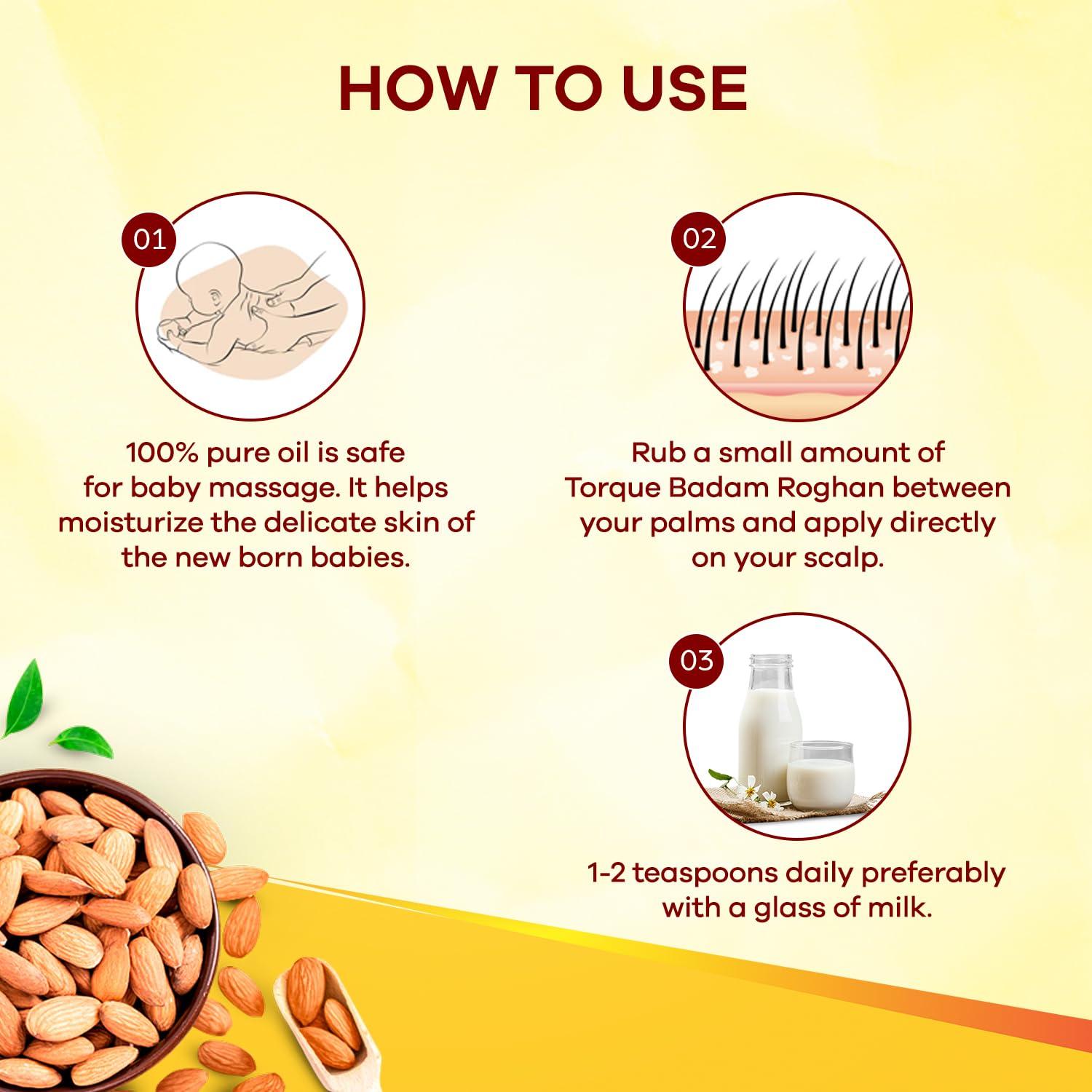 TORQUE Torque Badam Rogan Oil | Sweet Almond Oil 100% Pure and Cold Pressed For Hair and Skin| Badam Roghan Oil (50 ML-Pack of 1)