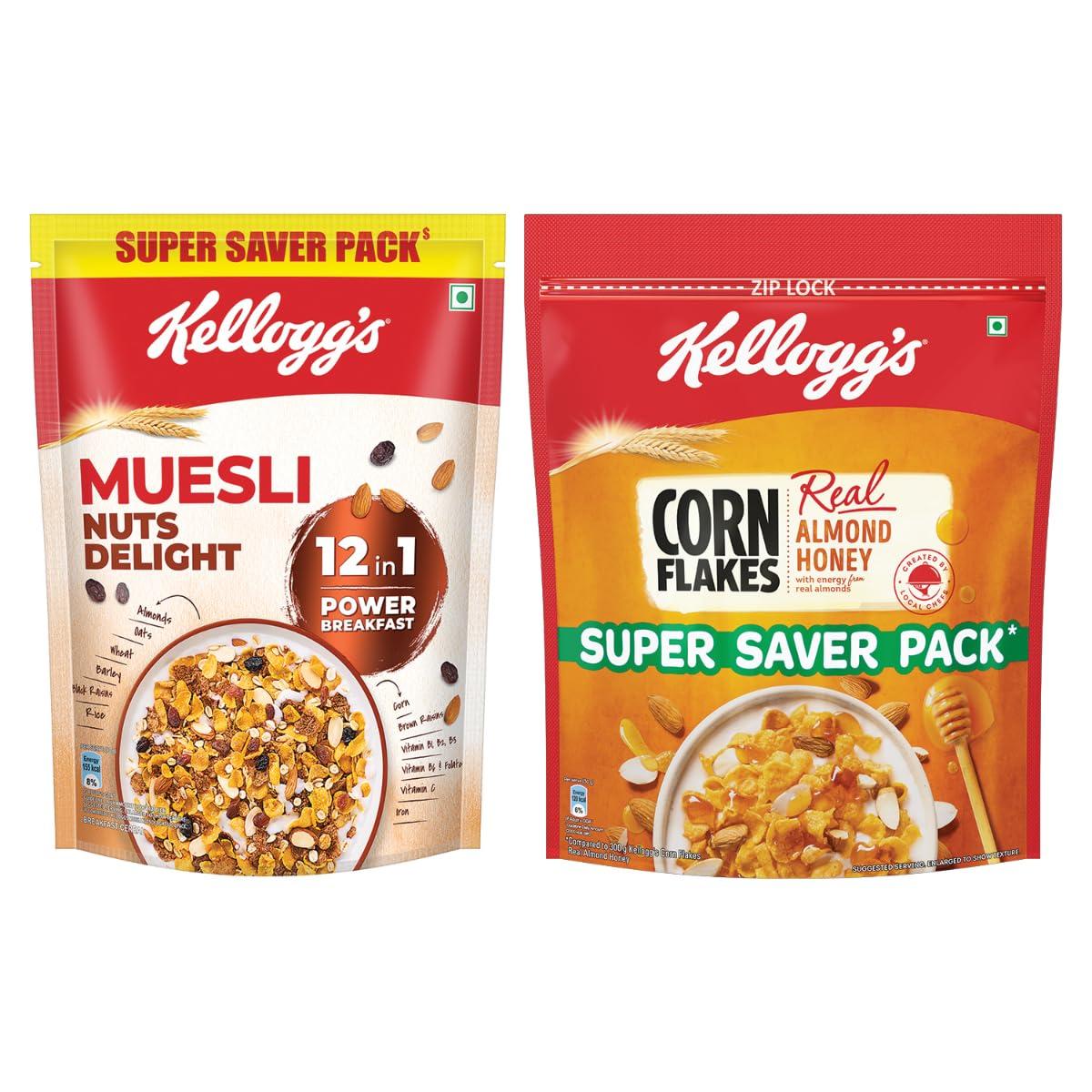 Kellogg's Kellogg\'s Combo, Corn Flakes Real Almond And Honey, 1 Kg And Kellogg\'S Muesli With 20% Nuts Delight Pouch, 750 G