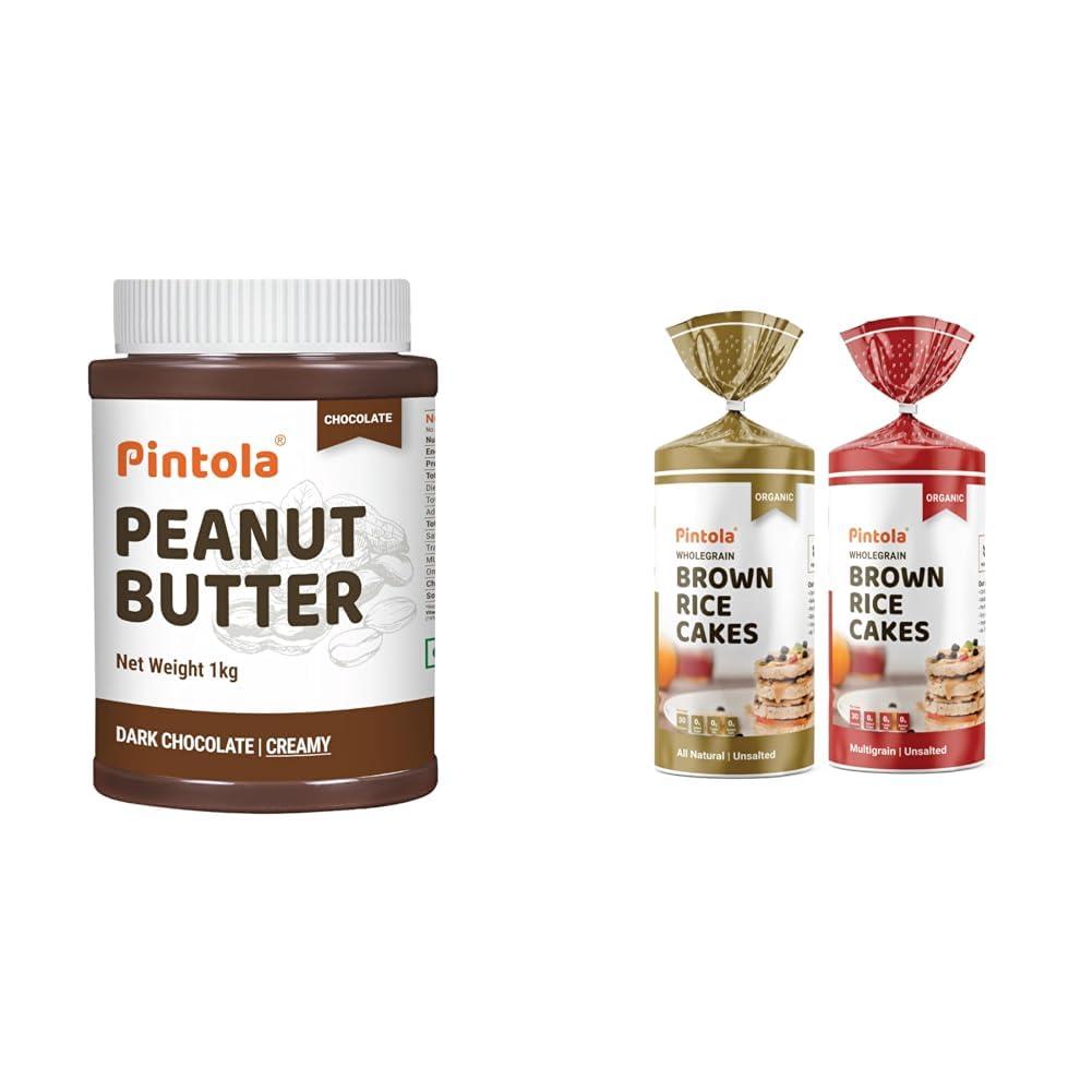 Pintola Pintola Combo - Chocolate Peanut Butter Creamy 1Kg + Rice Cakes (Unsalted & Multigrain) (Pack of 2) (130g x 2), 100% Roasted Peanuts butter Chocolate Flavour Creamy,High Fibre With Organic Rice Cake
