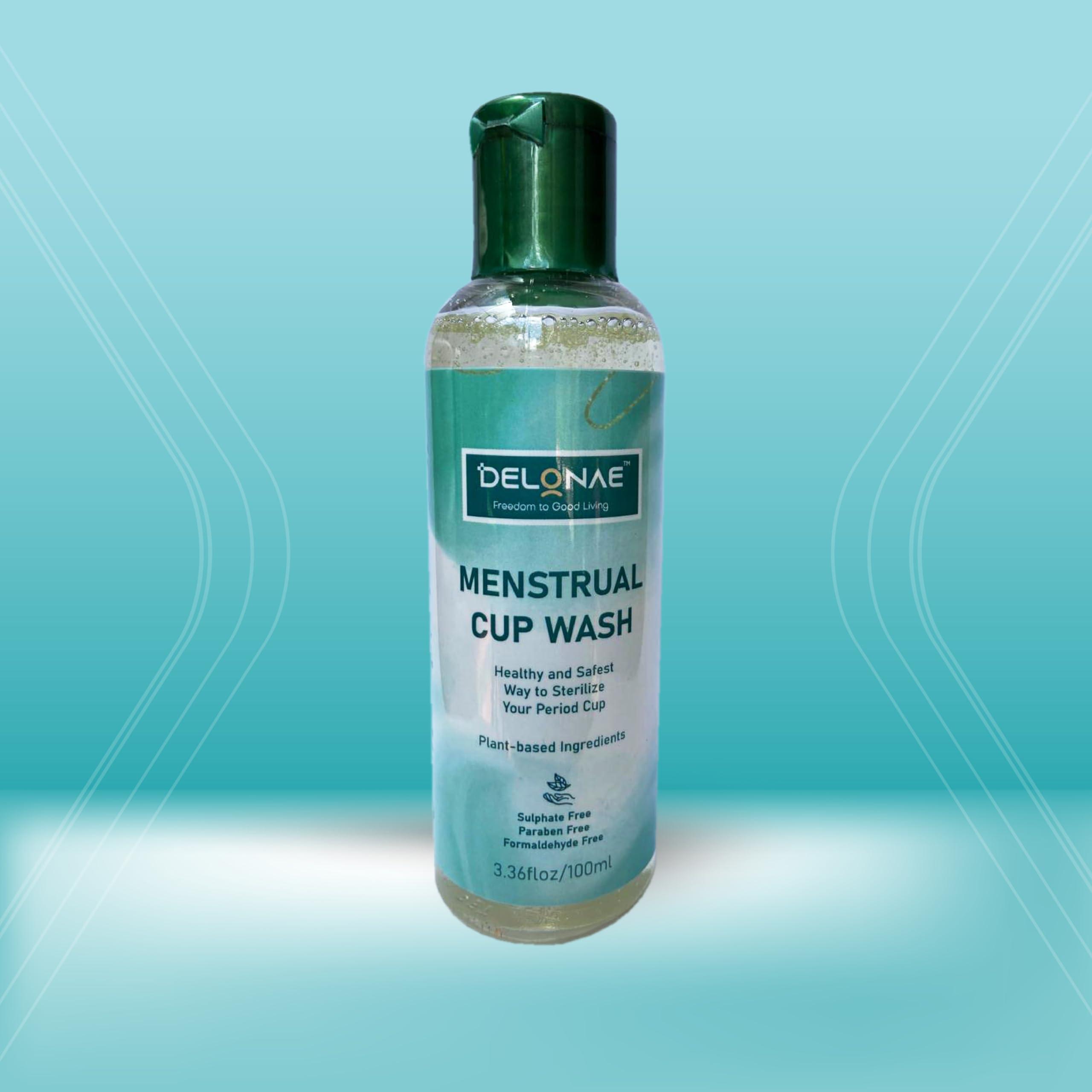 Delonae Menstrual Cup Wash Liquid -100ml | Plant based | pH balanced | Sulphate Free, Formaldehyde Free, Paraben Free | Healthy and Safest way to Sterilize your Period Cup