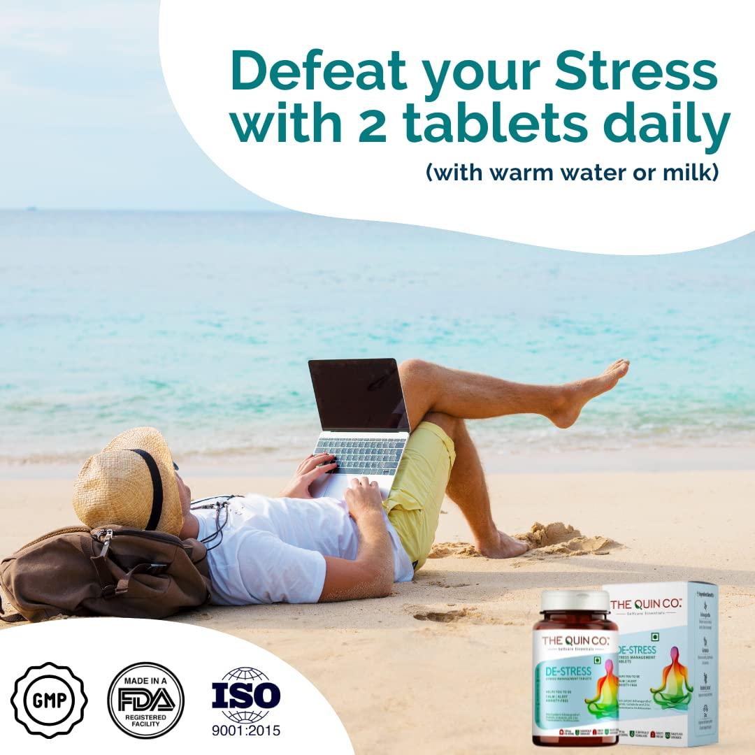 The Quin Co. The Quin Co. \'De-Stress\' - New Age Ashwagandha tablets with Nootropics | 5% Withanolides | Stress Relief & Anxiety | -1200 MG/Serving | Plant Based - 60 Veg tablets