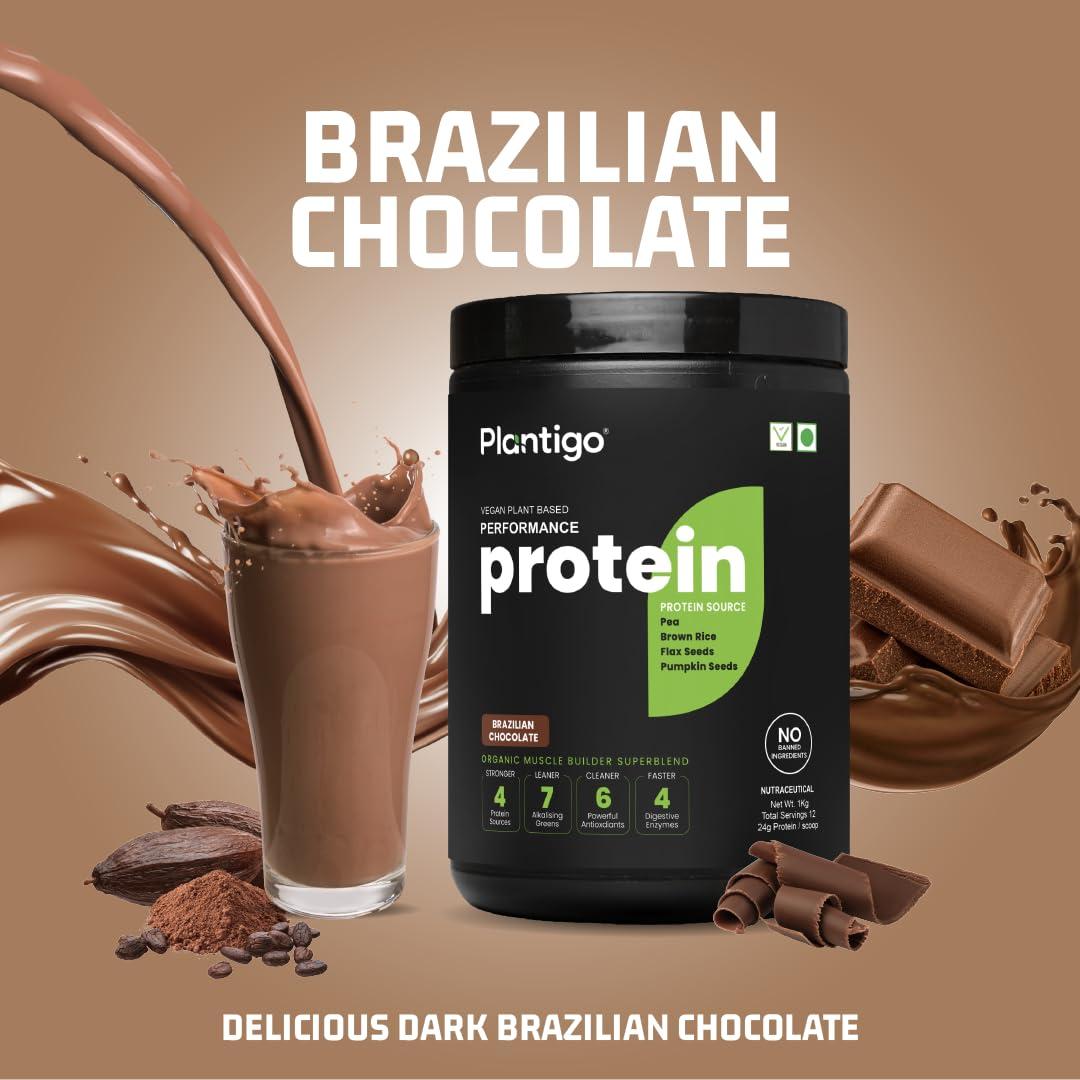 PLANTIGO Plantigo Plant Protein Powder - Men & Women, 500g Brazilian Chocolate | Plant Based Vegan Pea Protein Powder | 24g Protein, 5g Fiber, 3g BCAA, 20+ Vitamins, Minerals| No Added Sugars, No Preservatives