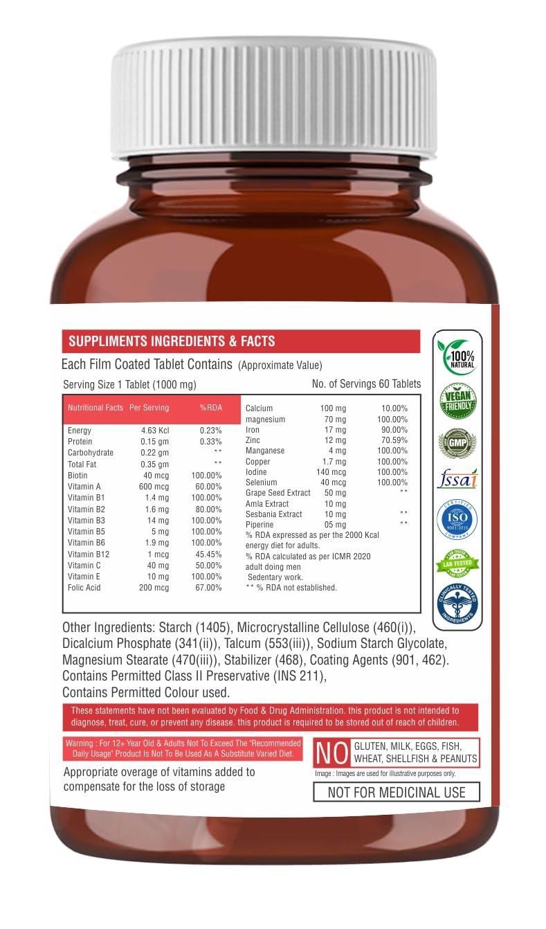 The Body Reserve The Body Reserve Plant-Based Biotin Tablets - 60 Veg Tablets, Biotin from Sesbania Extract with Amla & Grapeseed - Supports Hair, Skin, and Nails - For Men & Women