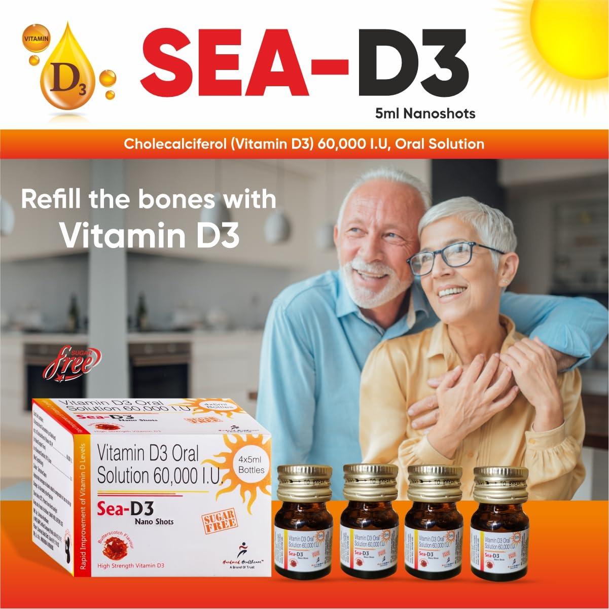SEA SEA D3 Nano Shots/Vitamin D3 60000 I.U Suga Free Oral Solution Syrup(8 Shots Of 5Ml Each) = 2 Boxes, 1 Count