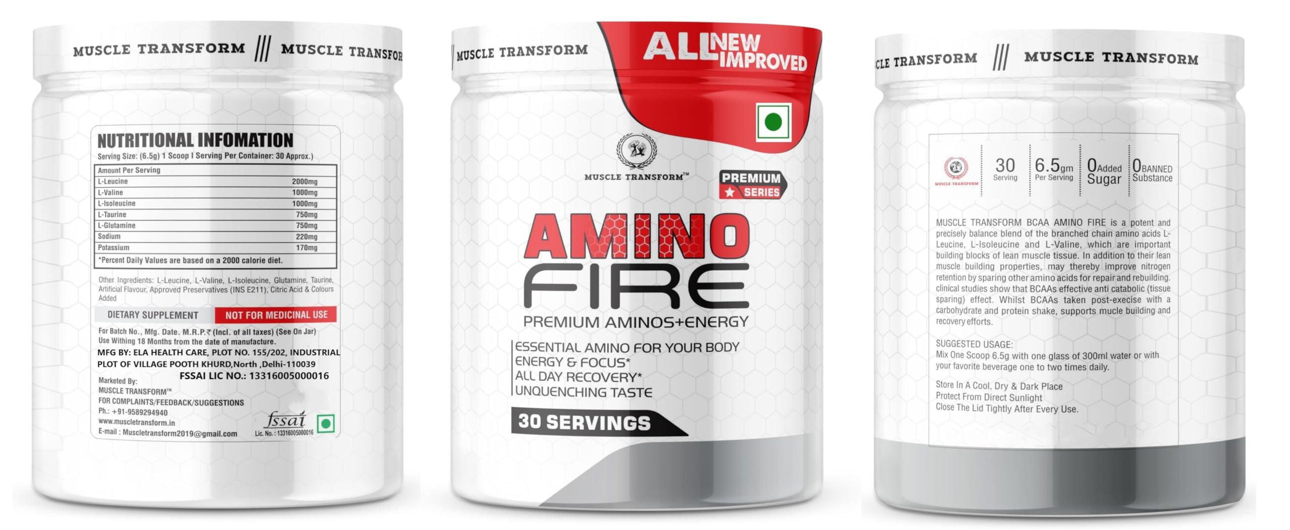 MUSCLE TRANSFORM Muscle Transform Amino Fire Advanced BCAA Supplement with Glutamine - Pre/Post Workout & Intra Workout Supplement | Muscle Recovery Drink with Amino Acids | Muscle Protein Synthesis - Lean Muscle - Improved Performance - Hydration for Men & Women [30