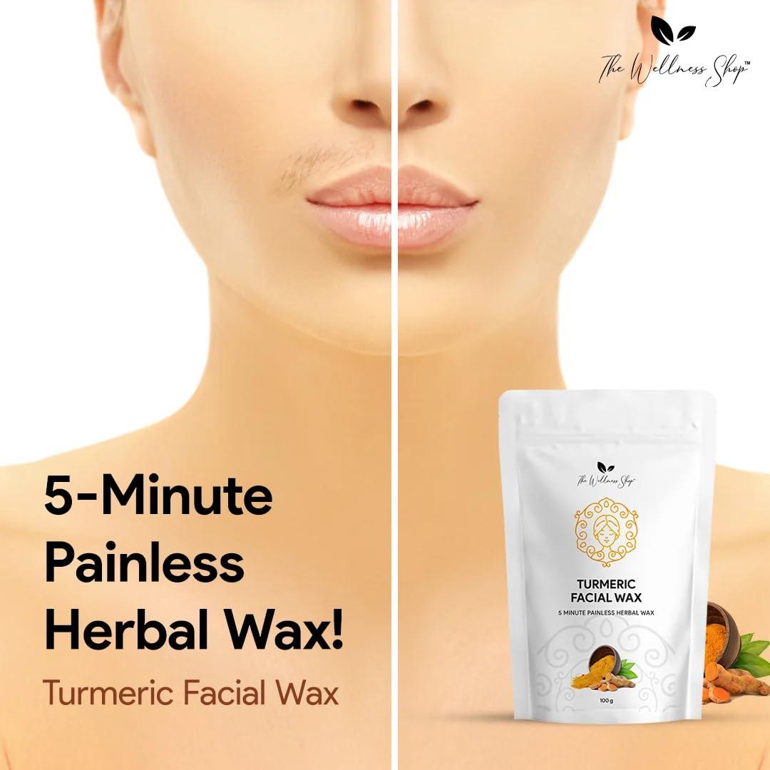 The Wellness Shop The Wellness Shop - Turmeric Facial Wax + Rose Facial Hair Removal + Bikini Wax - 5 Minute Painless Herbal Wax Powder All Type Skin For Women & Men, Pack of 1