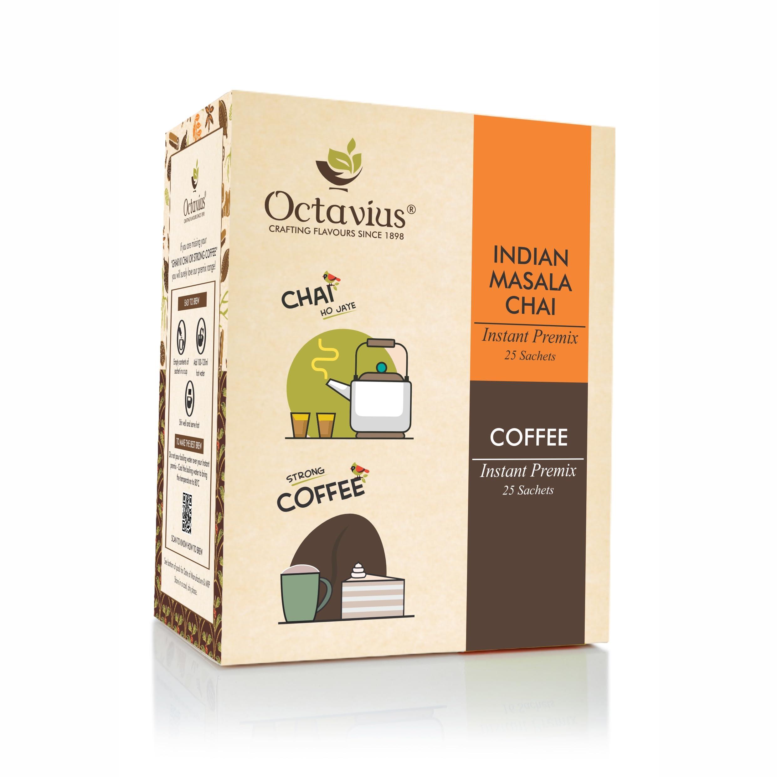 Octavius Octavius | Indian Masala & Coffee 2 in 1 Premix Tea & Coffee -50 Pouches | Economy Pack | Readymade Tea Mix | Ready Tea & Coffee | Premix Tea Powder | Instant Tea | Tea Premix | Economy Pack -(15Gm X 50 Sachets)