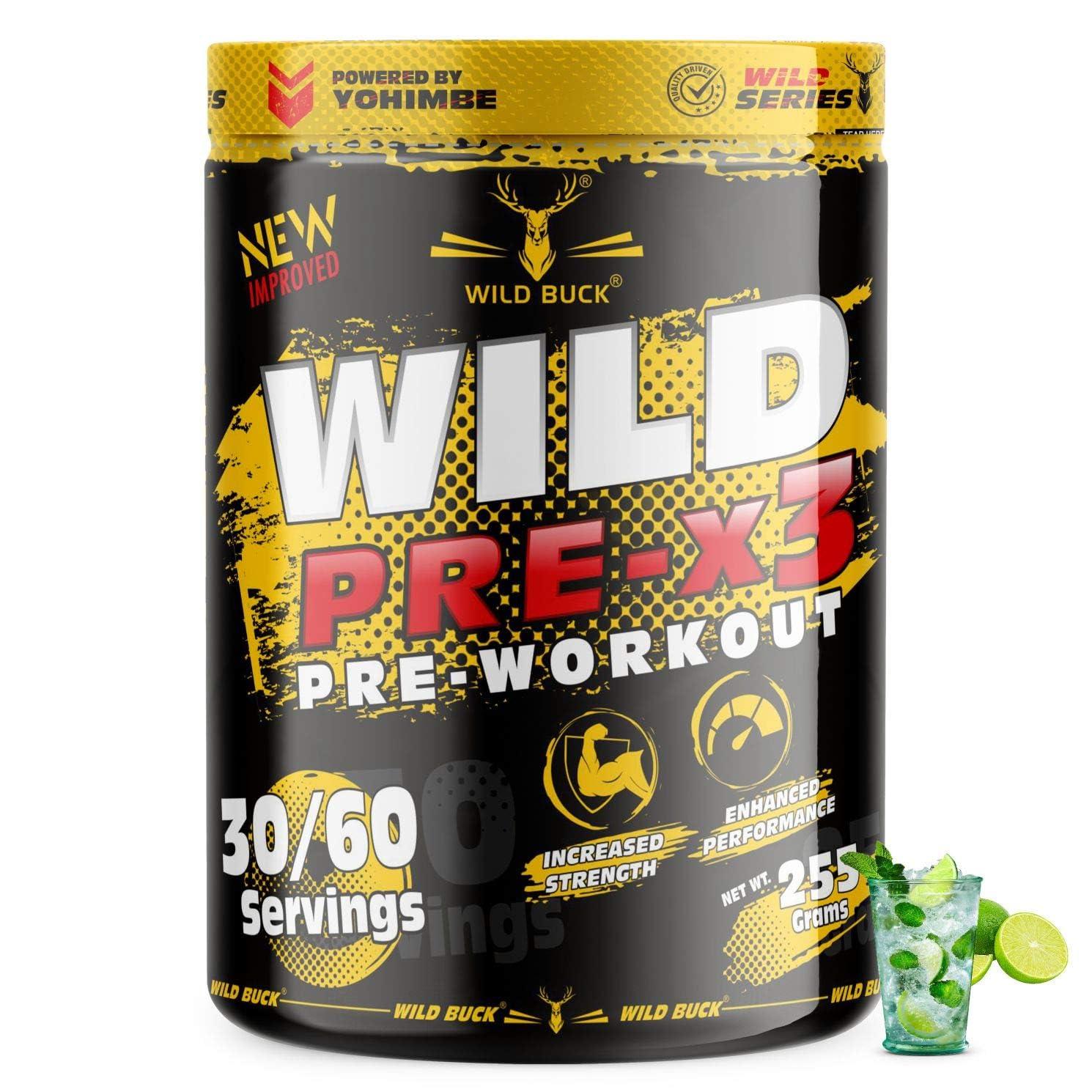WILD BUCK WILD BUCK Wild Pre-X3 Hardcore Pre-Workout Supplement Powder, Energy Drink Monohydrate, Men,Women [30-60 Servings, Virgin Mojito, 255G] + Reduce Fatigue, [50 Servings, Pink Lemonade]