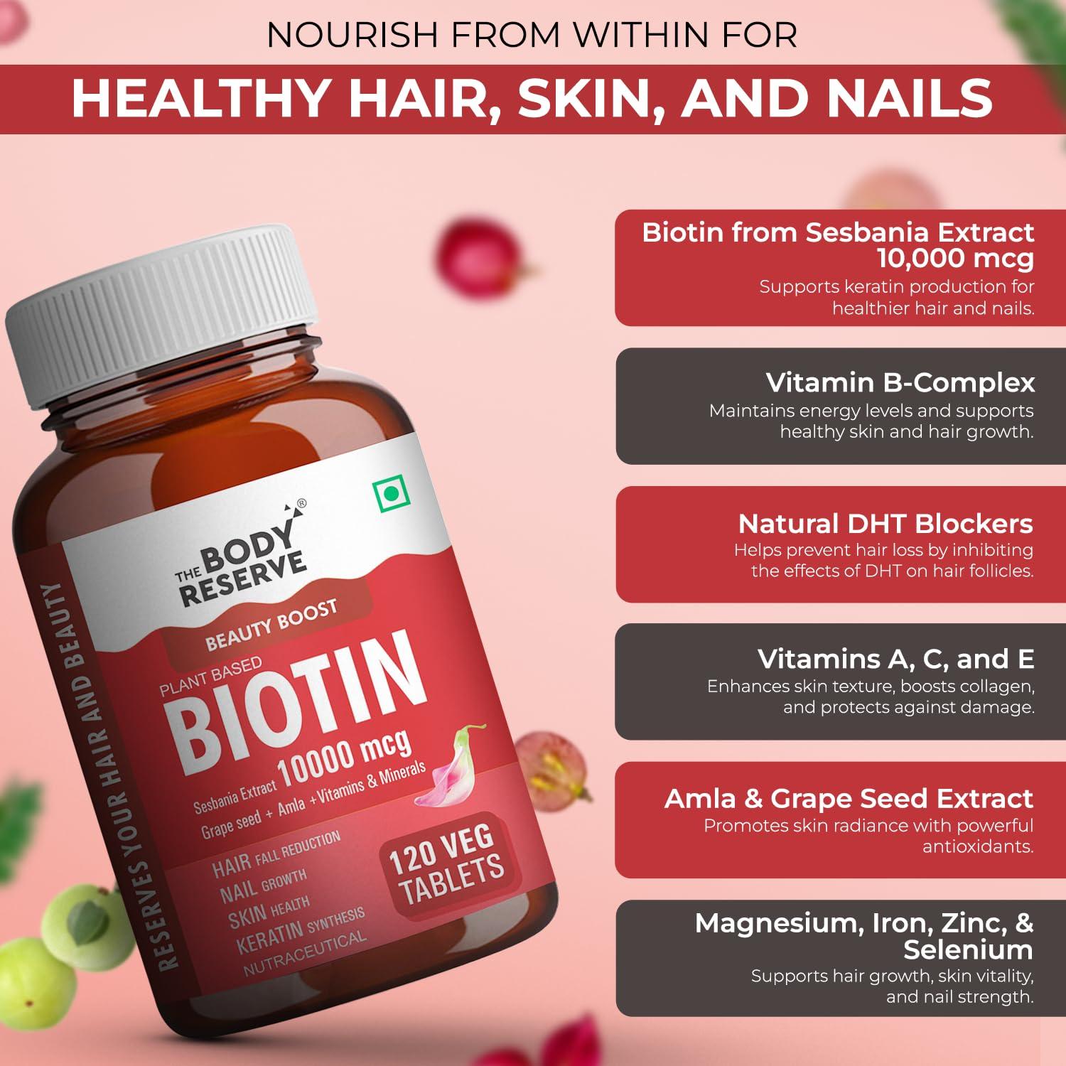 The Body Reserve The Body Reserve Plant Based Biotin Tablets -120 Veg Tablets, Biotin from Sesbania with Amla, Grapeseed & Hair Multivitamins,Nails For Men Women, Pack of 3
