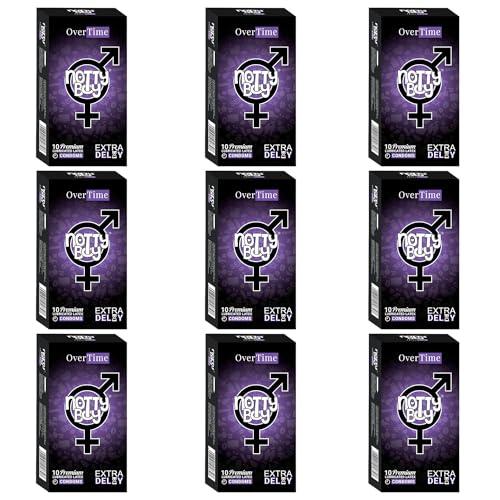 NOTTY BOY NOTTY BOY Overtime Extra Delay Condoms For Men -Pack Of 9, 90 Pieces | Longer Duration, Long Lasting | Performance Enhancing and Standard Fit, Natural Rubber Latex