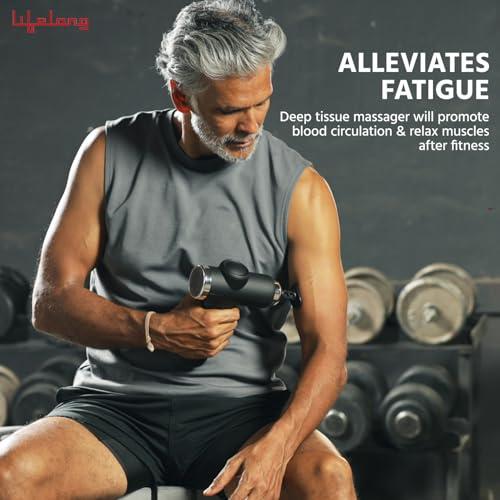 Lifelong Lifelong Gun Massager for Pain Relief with 8 Massage Heads & LCD Touch Display - Battery Powered - Deep Tissue Massage with 6 Speed Settings for Percussion Massage for Full Body (LLGM171, Black)