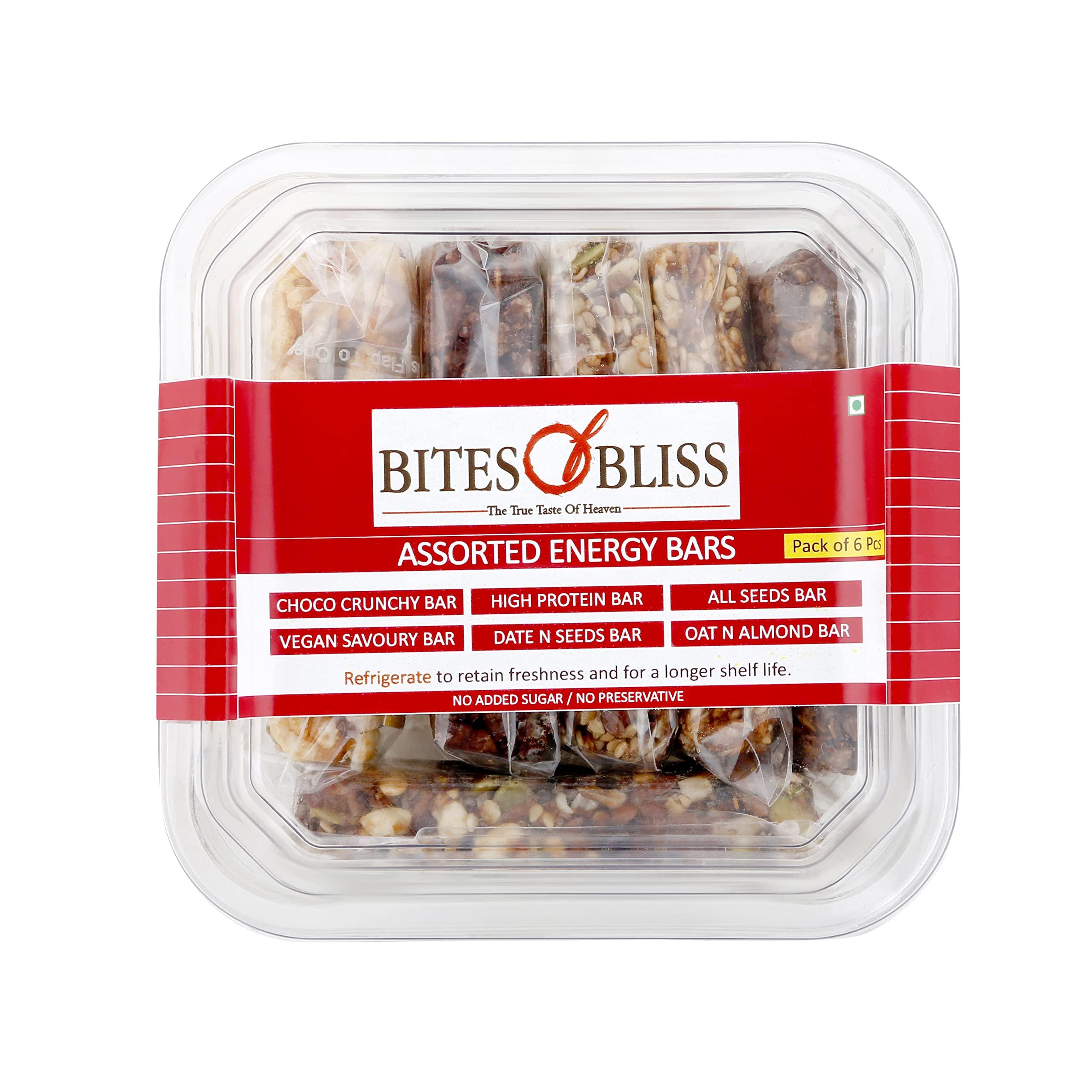 BITES OF BLISS Bites of Bliss Assorted Energy Bars 140g | High Protein | Gluten Free | Vegan | Healthy Protein Snack Bars | All Natural & No Preservatives | Vegan | Pack of 6 x 23g