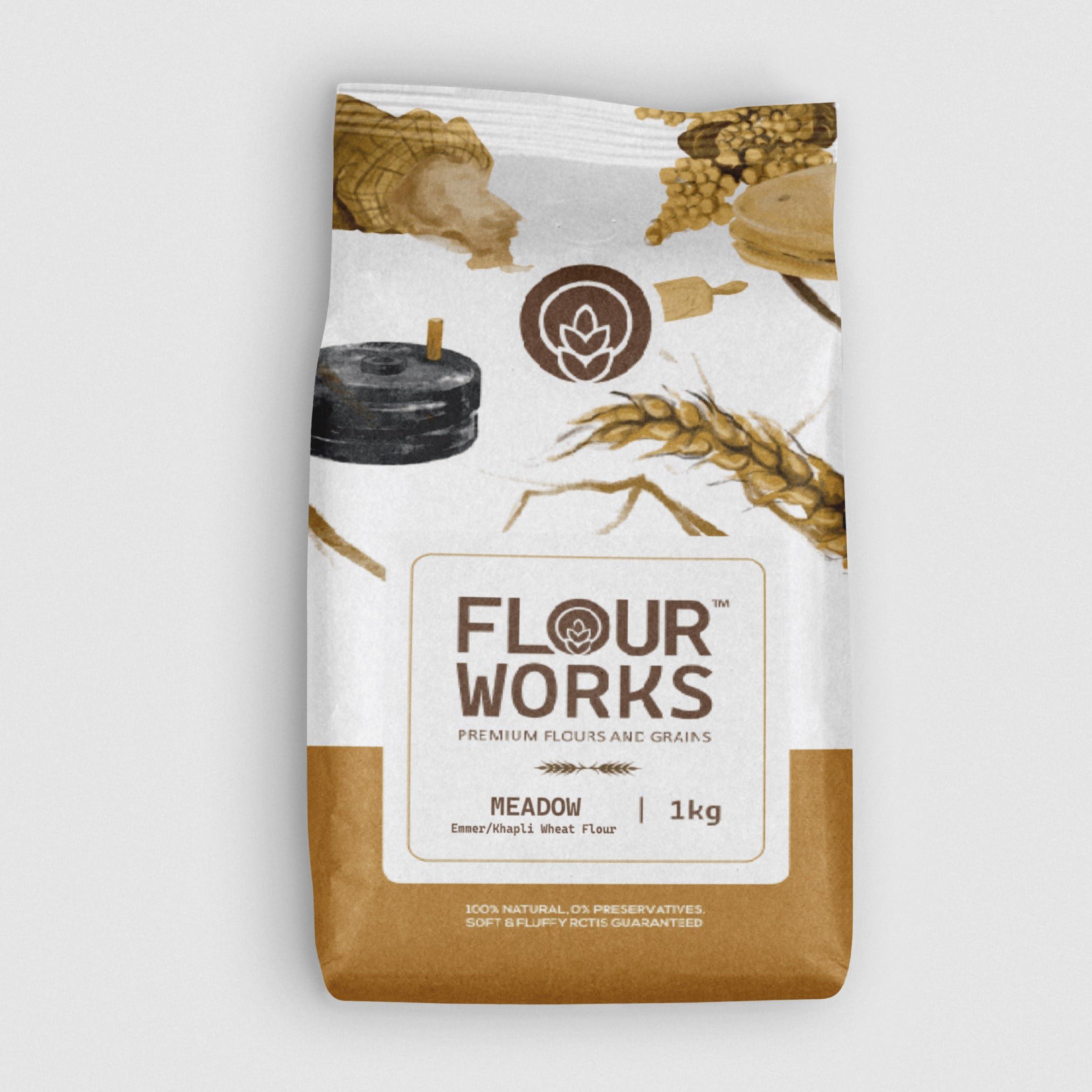 FLOUR WORKS FlourWorks Khapli Wheat Aata, 1kg | Meadow | Emmer Wheat Flour | Nutrient-Rich | High Fibre | Diabetic Friendly Atta | Stone Mill Ground Fresh Flour