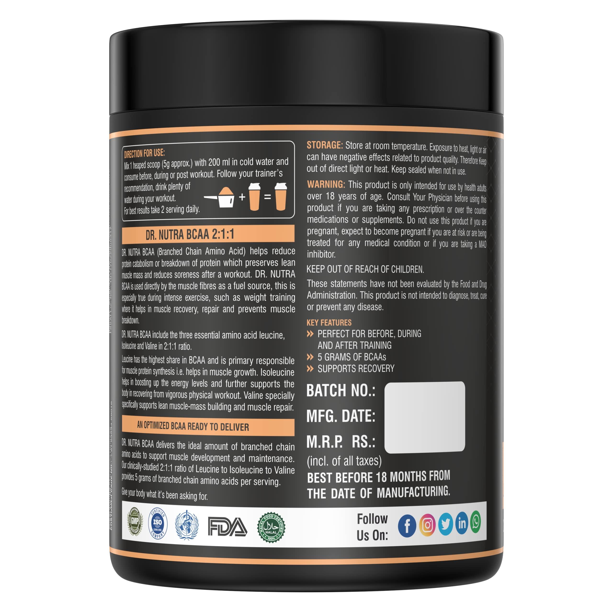 Dr.NUTRA Dr.NUTRA BCAA 2:1:1 Vegan BCAA Powder, 5 Grams of Amino Acids, Caffeine Free, Pure Powder Pre-Post Workout (Green Tea)