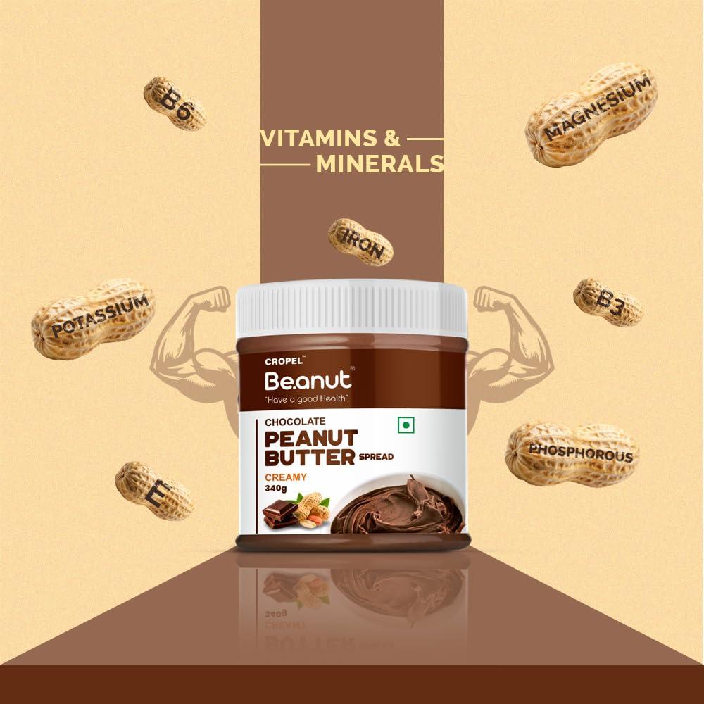 Beanut Beanut Chocolate Peanut Butter Creamy - 340gm | Classic Peanut Butter with Rich Fiber | Non-GMO, Gluten Free, Vegan & Cholesterol Free