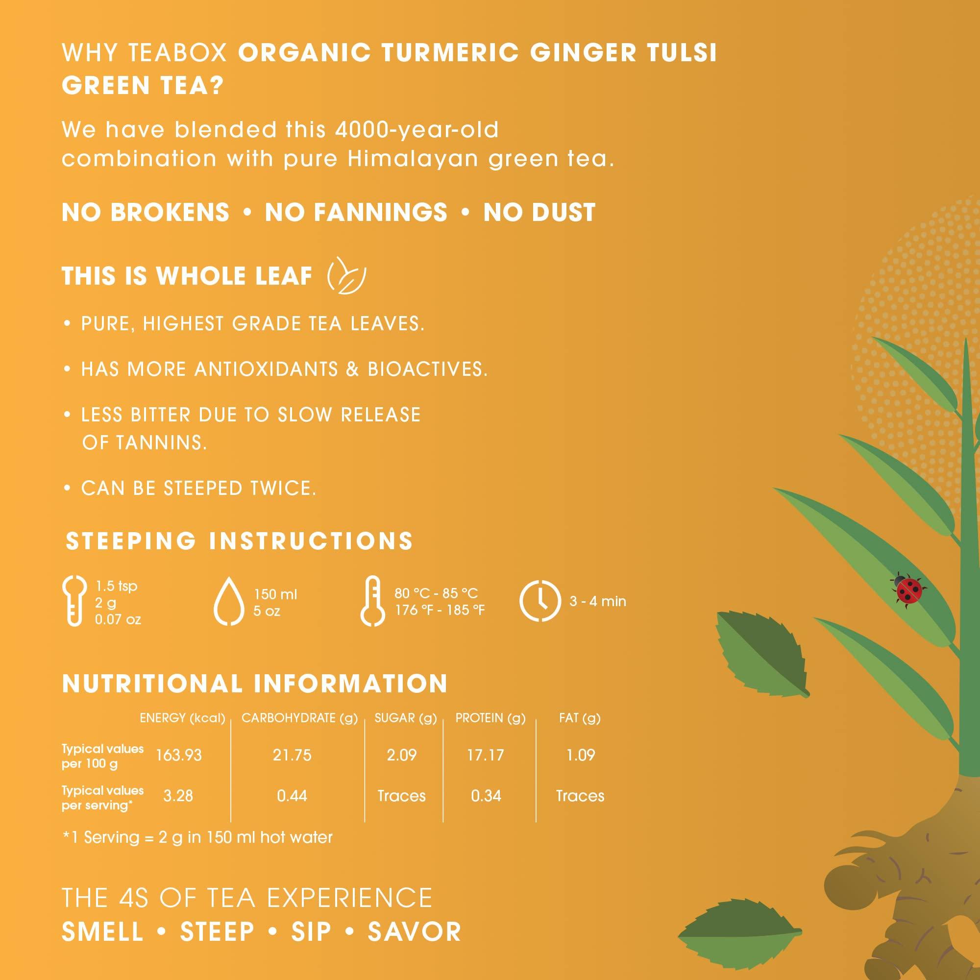 Teabox Teabox Organic Turmeric Ginger Tulsi Green Tea 100 grams | For Immunity Boosting, Digestion and Sore Throat | 100% Whole Leaf Tea, 0% Bitterness