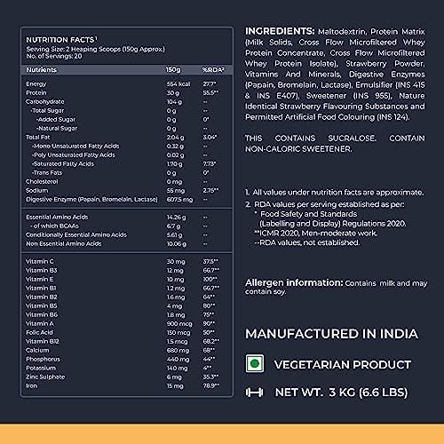 Nutrabay Nutrabay Gold Bulk Up Mass Gainer Powder - 3kg, Strawberry | 30g Protein, 104g Carbs, 554 Calories | Easy to Digest | 100% Veg Muscle Building & Weight Gainer Supplement for Men & Women