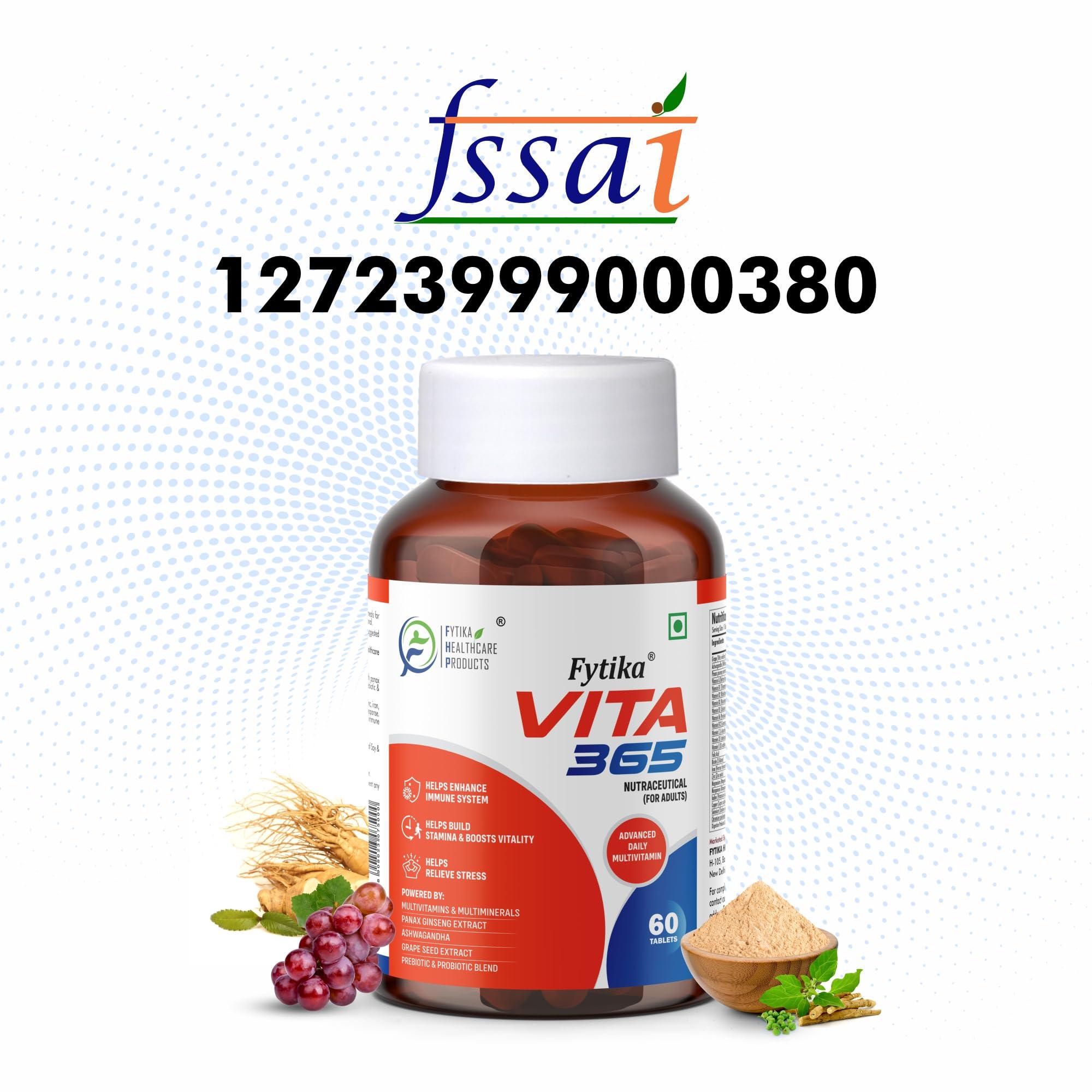 FYTIKA Fytika Healthcare Products Vita 365|Multivitamin For Men & Women|With Ashwag&ha,Ginseng,Probiotics & Prebiotics & Biotin| Enhances Energy,Stamina,Immunity & Digestion|120 Tablets, 180 grams