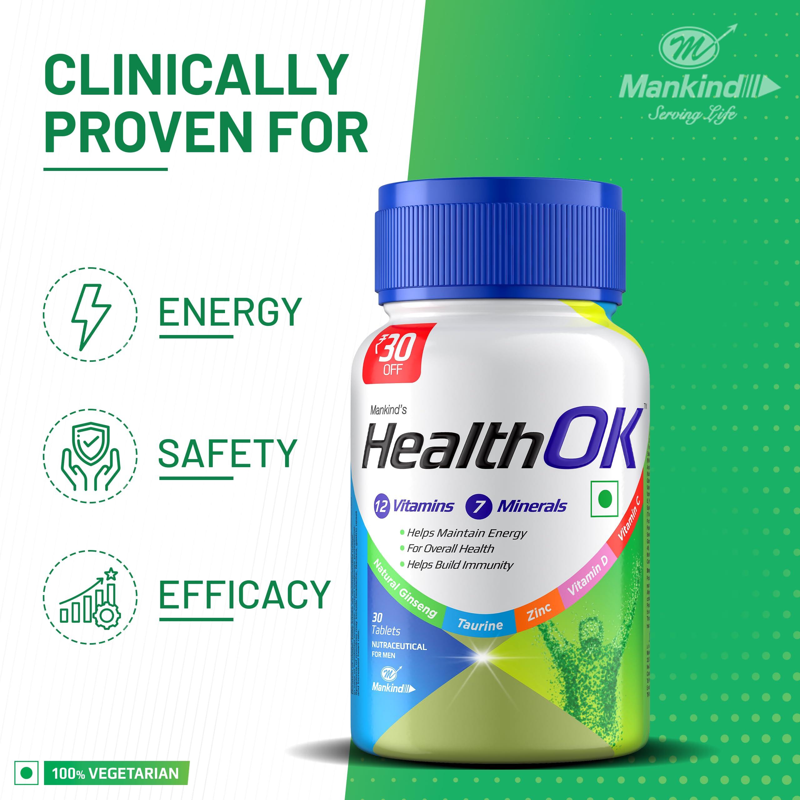Health Ok Health OK Multivitamin with Natural Ginseng, Taurine power, Daily Energy, alertness, Vitamin D, C & other 18 multivitamins minerals, for Overall Health, 30 Tablets (Veg) x Pack of 2