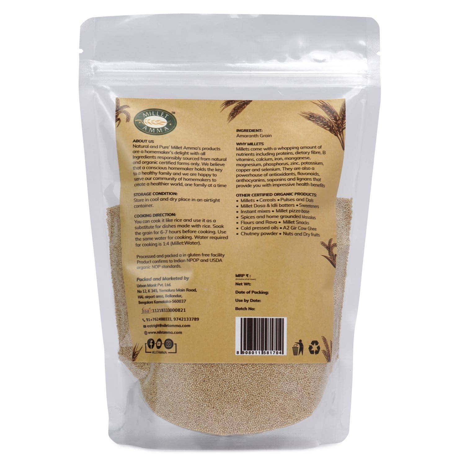 MILLET AMMA Millet Amma Organic Amaranth Grain 1kg | Unpolished, High in Protein & Fibre - Gluten Free & Vegan