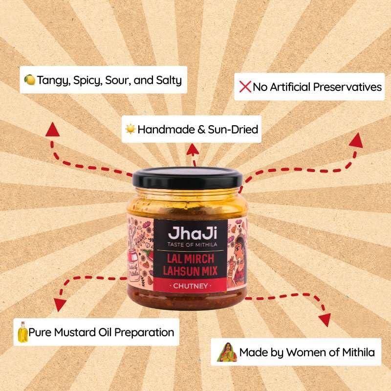 JhaJi - Taste of Mithila JhaJi - Taste of Mithila Store\'s Lal Mirch Lahsun Chutney | Bihari Style Homemade| Tangy, Spicy, Sour and Chatpata |Chopped Banarasi Lal Mirch | Sun-Dried. No Artificial Preservatives & Colors - 250g