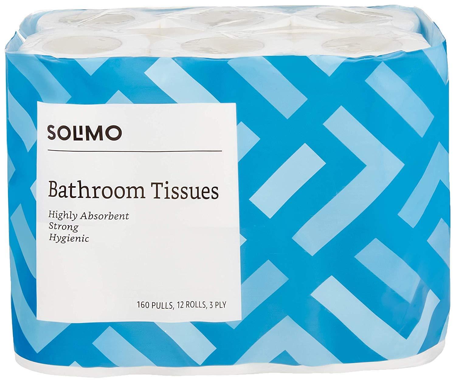 Amazon Brand - Solimo Amazon Brand - Solimo 3 Ply Toilet Paper/Tissue Roll - 12 Rolls (160 Pulls Per Roll) & 2 Ply Kitchen Tissue Paper Roll - 4 Rolls (60 Pulls Per Roll)