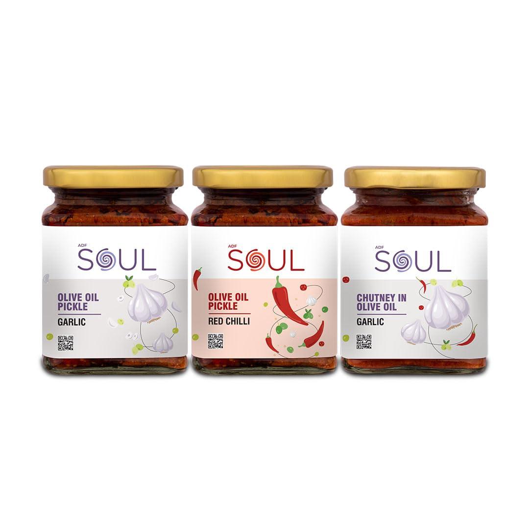 ADF Soul Soul Pickle and Chutney Combo Pack of 3 (Garlic Pickle 275 GM + Red Chilli Pickle 265 GM+ Garlic Chutney 275 GM ) in Olive Oil
