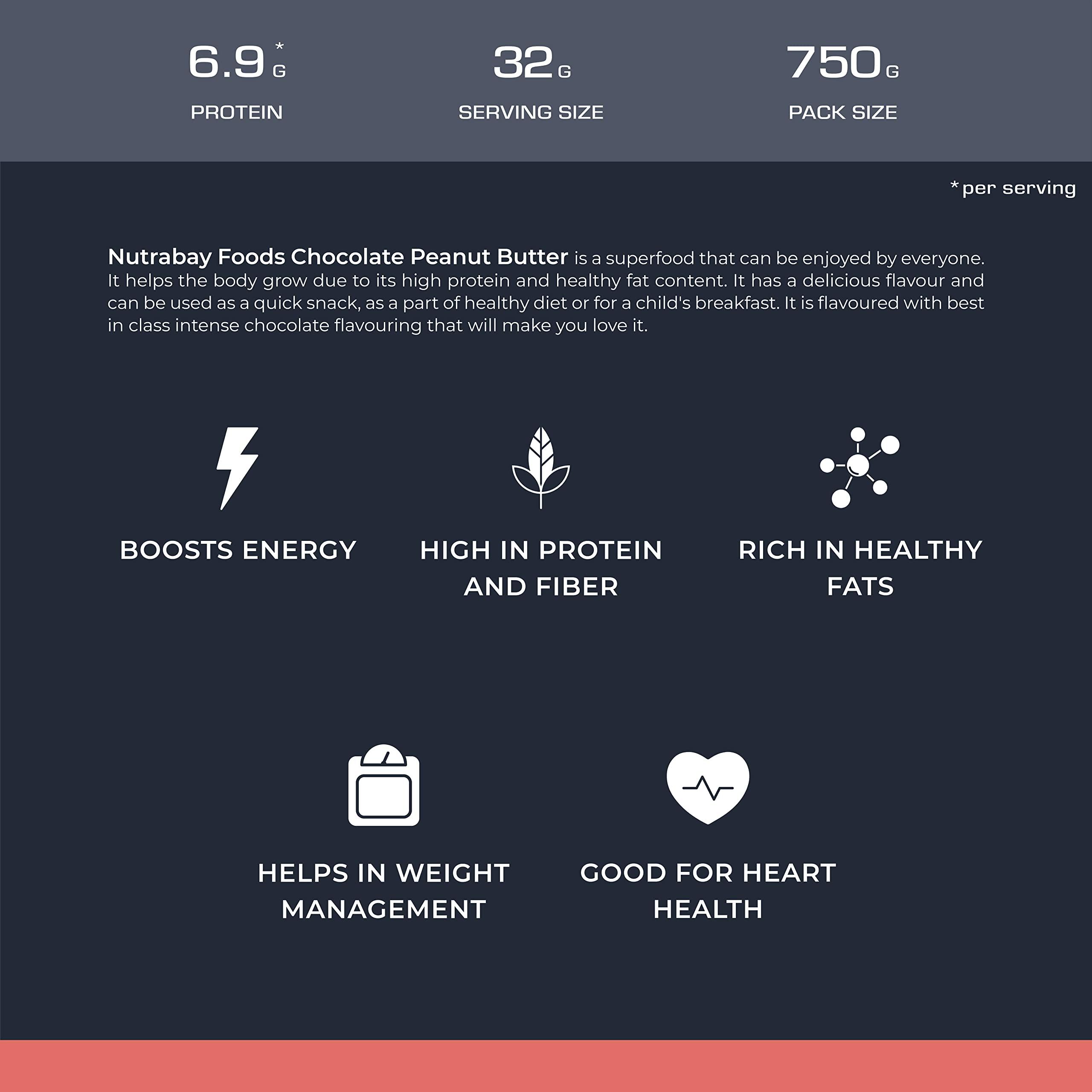 Nutrabay Nutrabay Foods Peanut Butter (Creamy) - Chocolate Intense, 750g | 100% Roasted Peanuts, 22g Protein, Zero Cholesterol, Vegan, Gluten Free, Non GMO