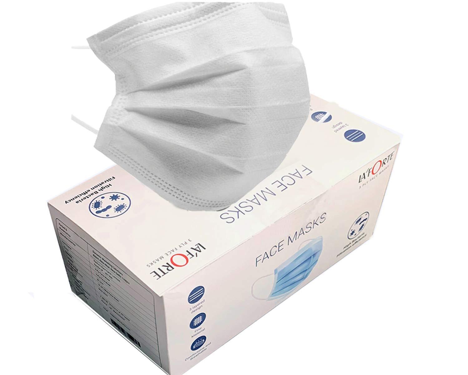 La' Forte La' Forte Disposable 3-Layer Face Masks Thick with Elastic Ear Loop, Anti-Dust, 50, White