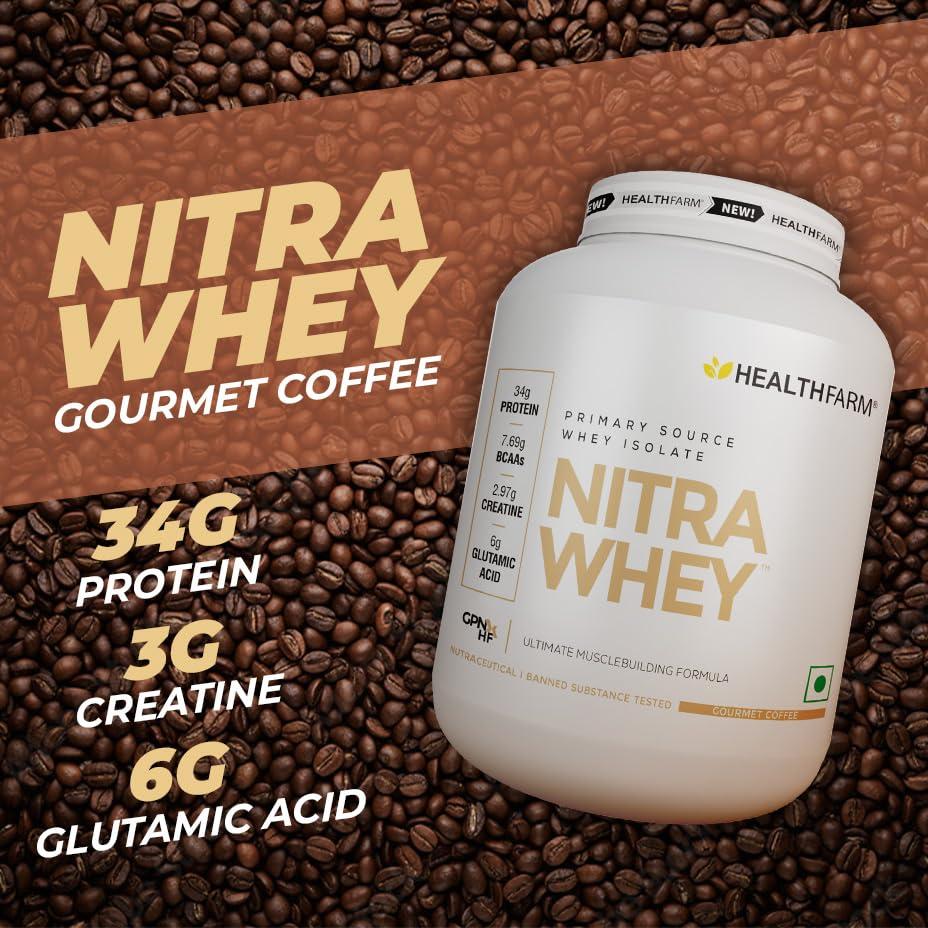 HEALTHFARM Healthfarm Nitra Whey Protein | 34g Protein Per Serving & 3g Added Creatine | Blend of Isolate & Concentrate Protein (Belgian Chocolate, 1kg)