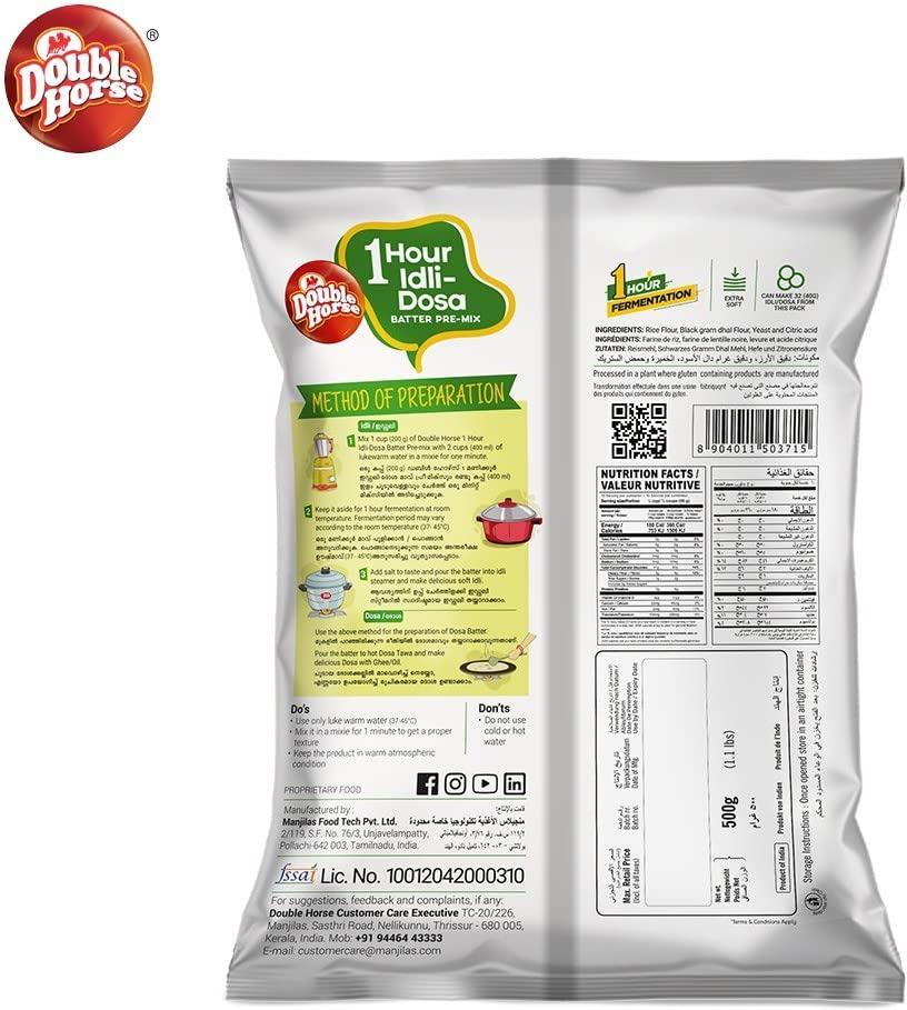 Double Horse Double Horse One Hour Idli/Dosa Batter Pre-Mix 500g x Pack of 2 | Traditional Kerala Breakfast| Instant Breakfast Mix | One Hour Fermentation|Ready To Cook Mix
