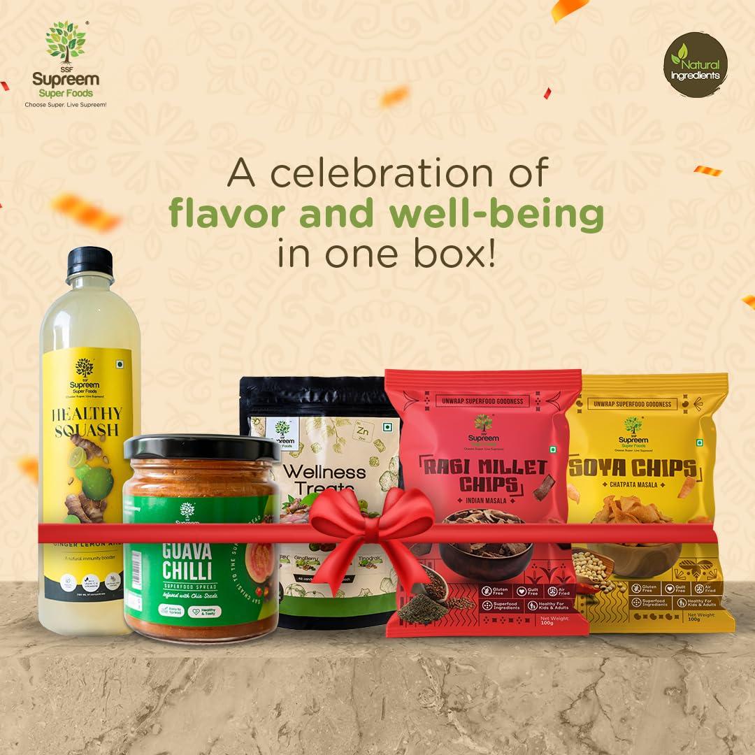 SSF Supreem Super Foods Supreem Super Foods Normalife Ragi Millet Chips 100 gms + Soya Chips 100 gms + Wellness Treats Candy Pack 48 pcs + Ginger Lemon Squash 700 ml + Guava Chilli Spread 200 gms | Festive Gifting Combo