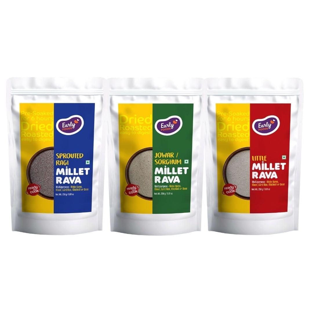 Early Foods Early Foods : Assorted Pack of 3 - Millet Rava (Sprouted Ragi, Jowar & Little Millet Rava) 250 g x 3