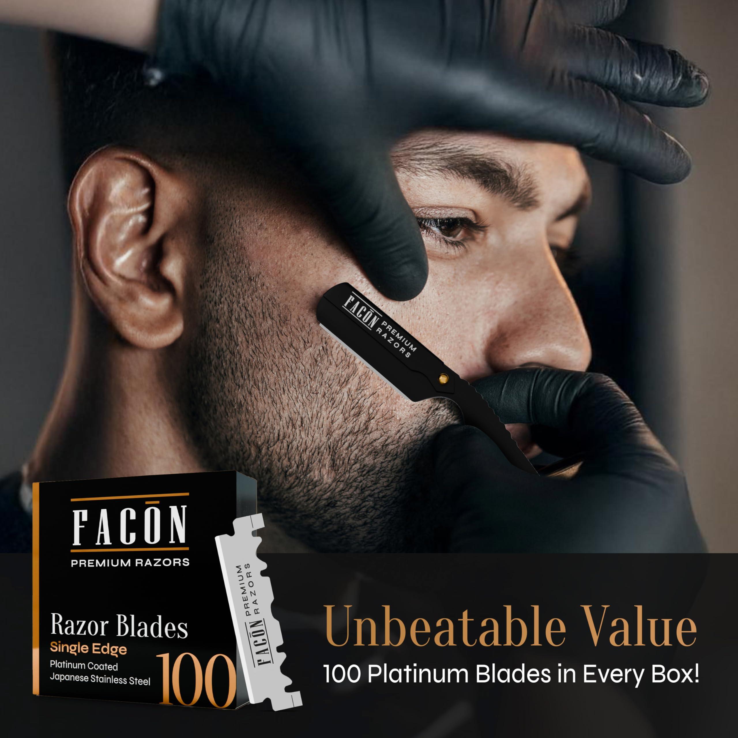 FACON 100 BLADES + Facn Professional Classic Straight Edge Barber Razor - Salon Quality Cut Throat Shavette