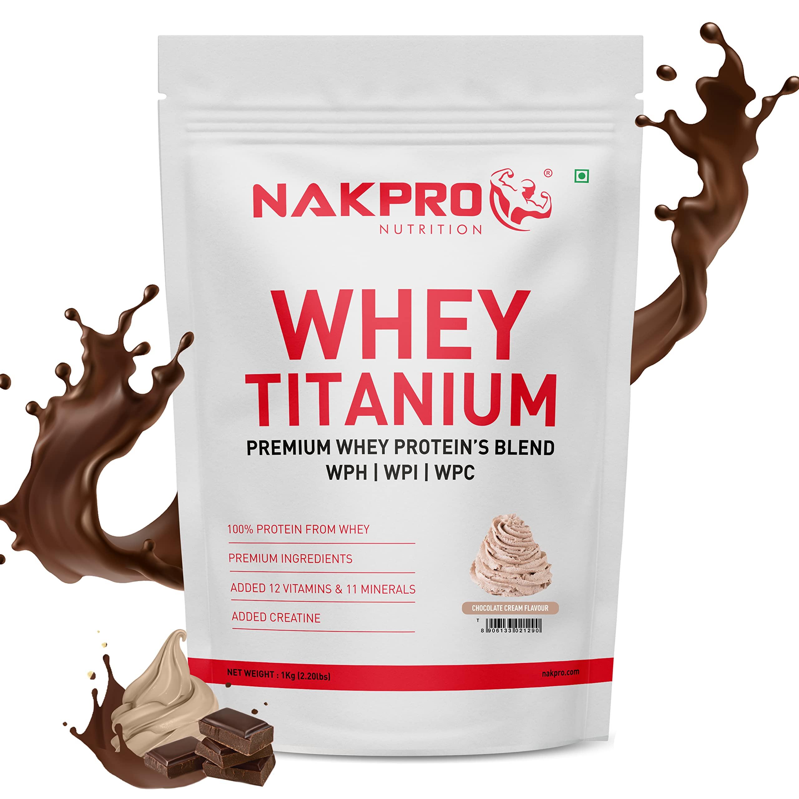 NAKPRO NAKPRO Titanium Tri Blend Whey Protein Hydrolyzed, Whey Protein Isolate & Whey Protein Concentrate | 24.04g Protein, 5.29g BCAA | Added Vitamins, Minerals & Creatine (1 Kg, Chocolate Cream)