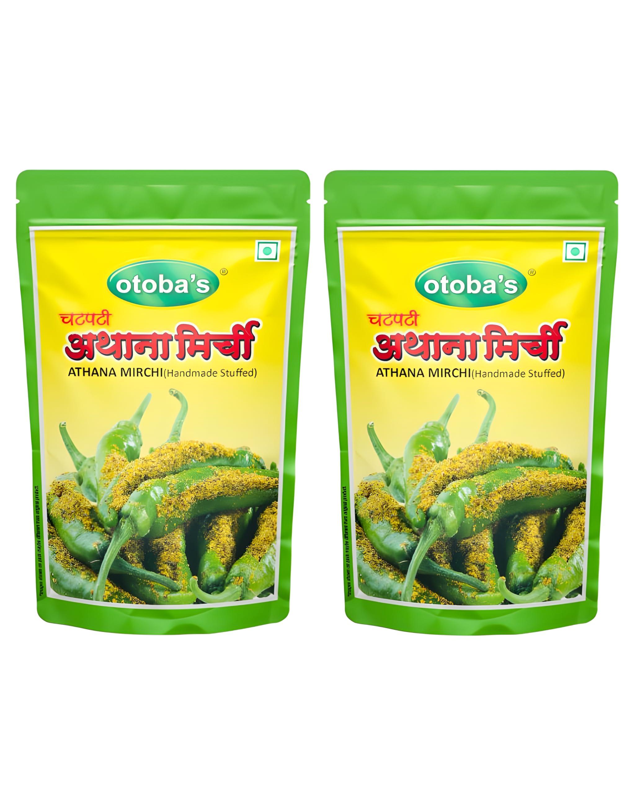 otoba's Otoba\'s Chatpata Athana Mirchi Pack Of 2 (200g Each) | Handmade Stuffed Green Chilli Pickle | Hari Mirch ka Achar
