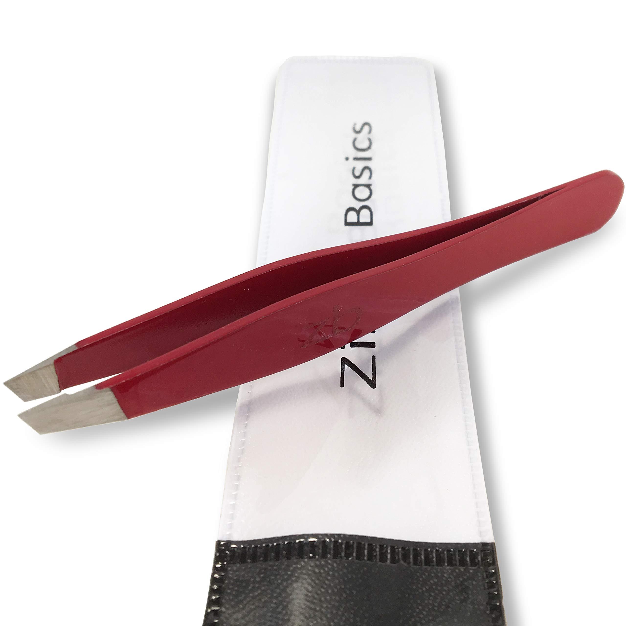 Zizzili Basics Tweezers Surgical Grade Stainless Steel - Slant Tip for Expert Eyebrow Shaping and Facial Hair Removal with Bonus Protective Pouch - Best Tool for Men and Women (Ruby Red)