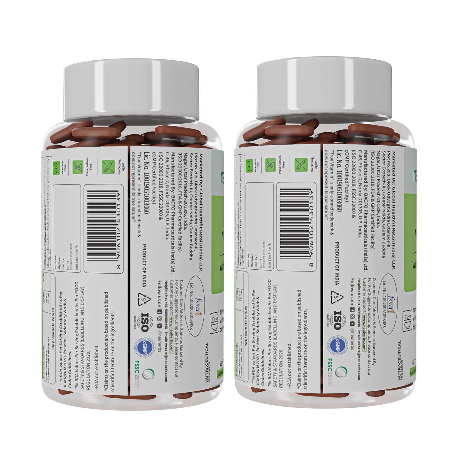 Neuherbs Neuherbs Multivitamin- 60 Tablets | True Vitamin For Men & Women With Korean Ginseng, Ginkgo Biloba, Vitamin C, D3, Zinc and 20 other nutrients for Energy,stamina, Strong Muscle, Strong Bones & Overall Health, Pack of 2